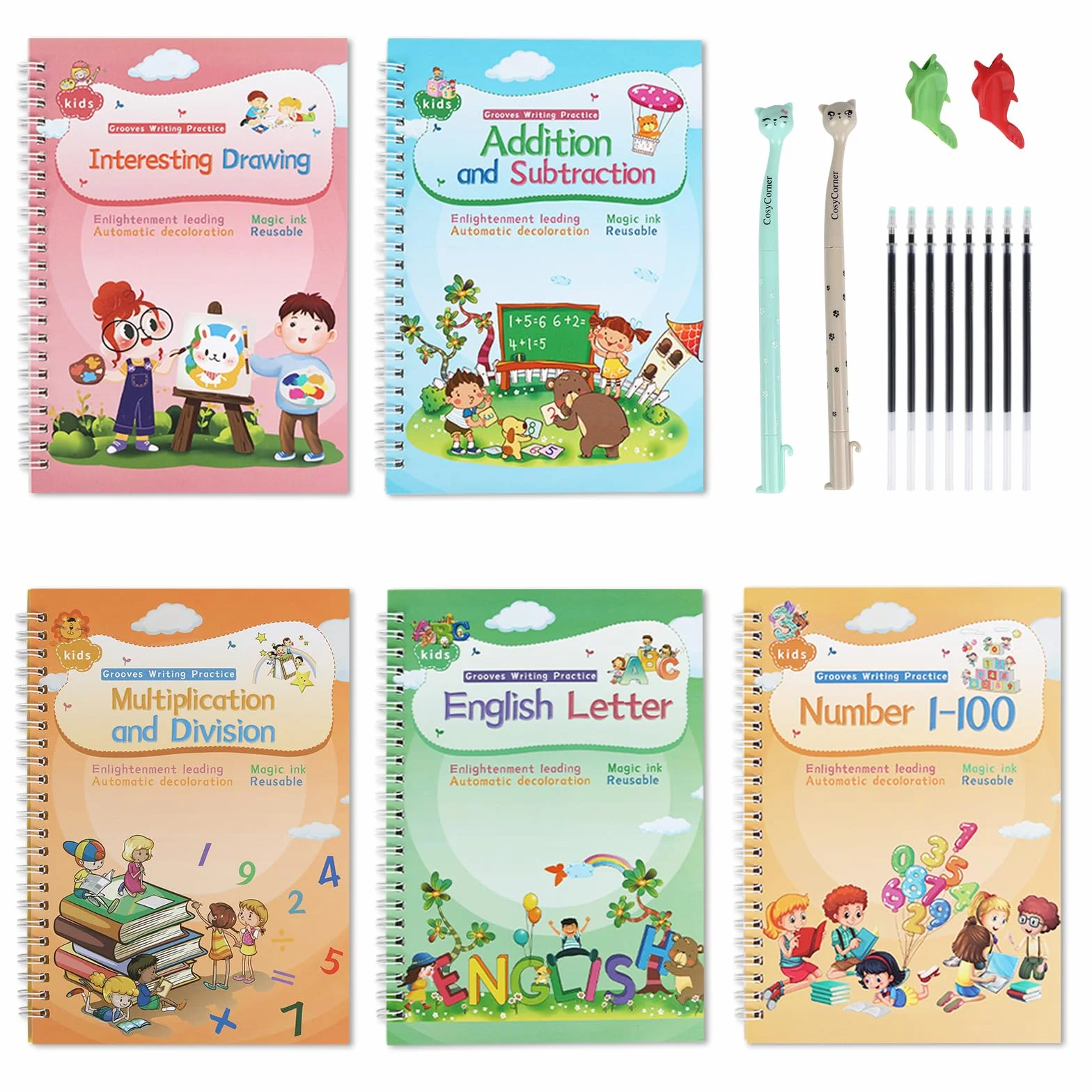 Libro di lavoro per scrivere a mano magica, quaderno di pratica, penna magica riutilizzabile con scanalature per bambini (4 libri, 25 x 19 cm)