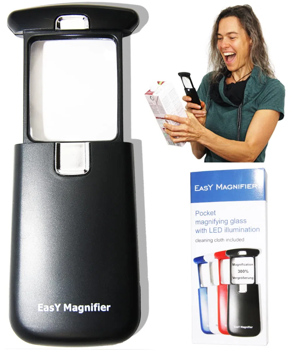EasY Magnifier Lente di Ingrandimento Tascabile per Lettura 3.0X 300% con Luce LED; Lenti d'ingrandimento Professionale; Lentino Ricambio, Regalo per Anziani