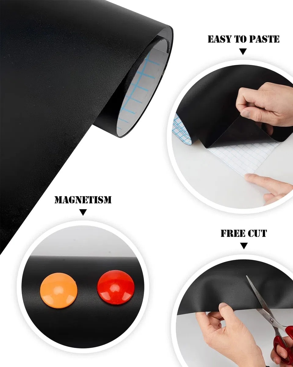 Foglio di Lavagna Nero Adesivo, 45 x 60 cm, pellicola autoadesiva per lavagna, lavagna cancellabile, 6 gessi senza polvere, 6 magneti, panno, tangram, supporto per gessi, supporto magnetico per