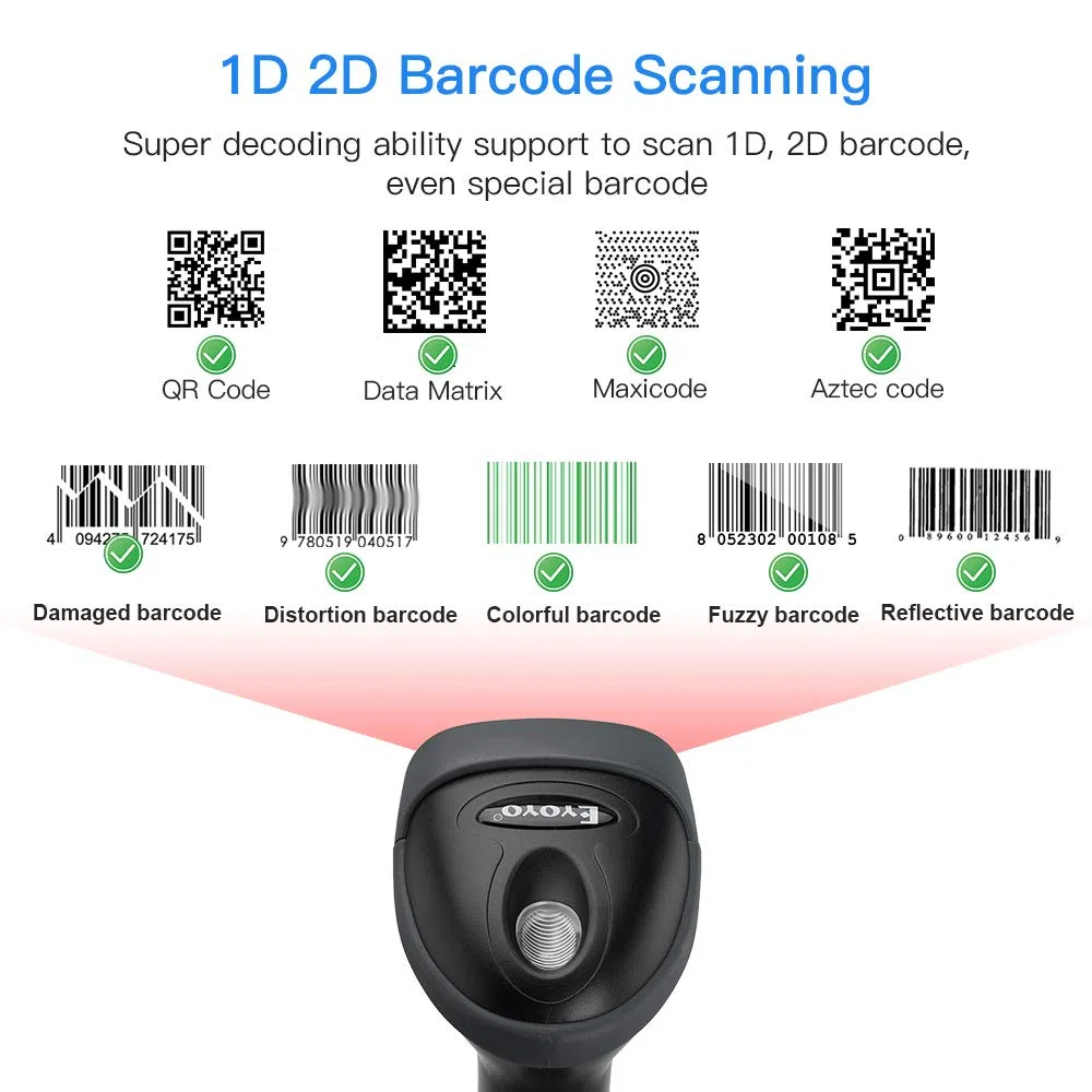 Eyoyo lettore di codici a barre 2D, Handheld Wired QR Barcode Scanner QR PDF417 Data Matrix Barcode Reader with USB Cable for PC Mac per Mobile Payment, Convenience Store