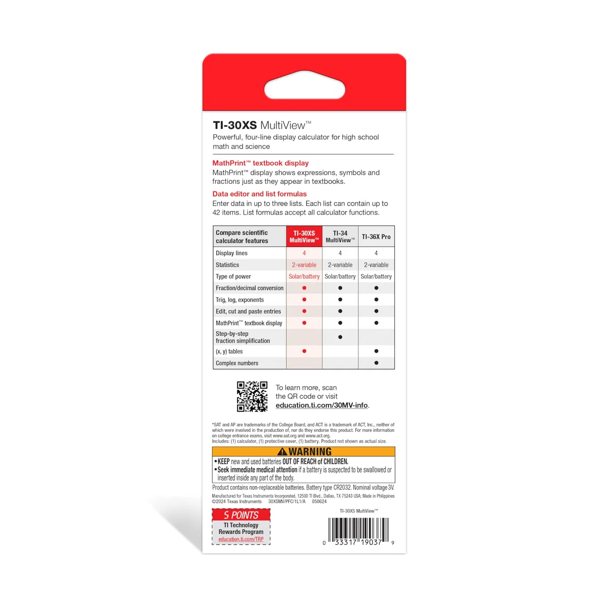 Texas Instruments TI-30XS MultiView Pocket – Calcolatrice con tasca, calcolatrice scientifica, 16 cifre, 4 linee, batteria/solare, blu, bianco
