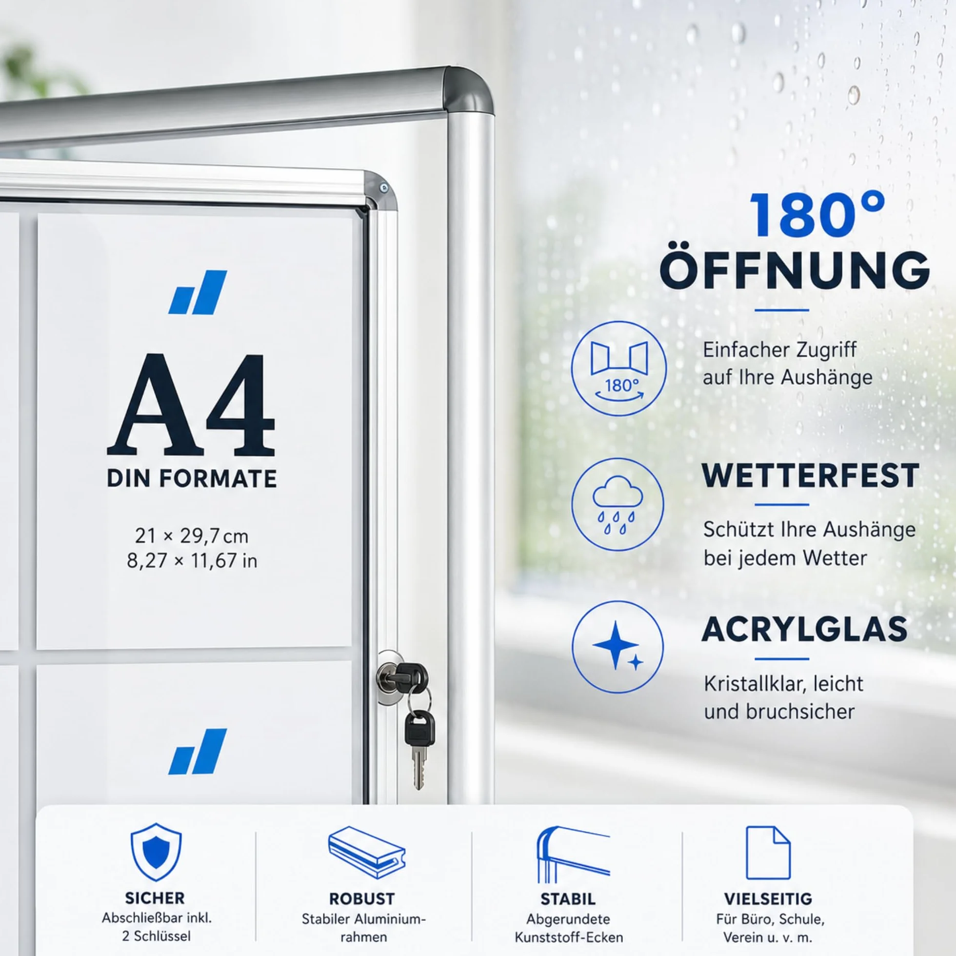 Floordirekt Vetrina 2 x A4 con 4 calamite, cassetta informativa, da appendere alla parete posteriore magnetica e scrivibile, con telaio in alluminio e vetro acrilico