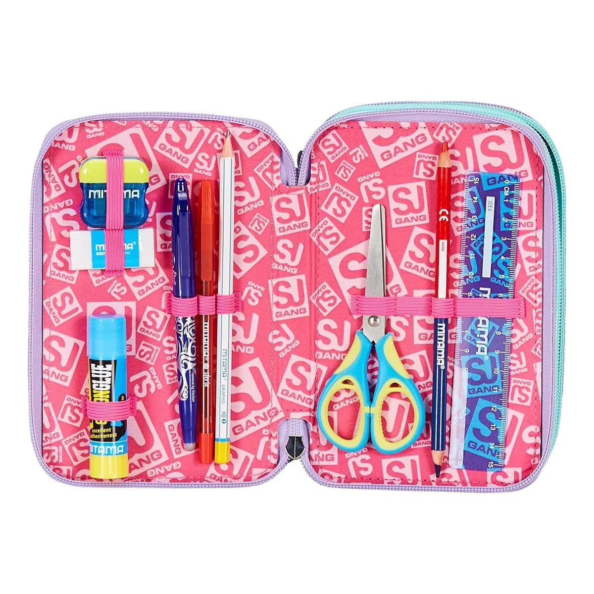 SJ Gang Astuccio Scuola 3 Zip, Rosa, RhythmicSoul, Portapenne Triplo Scomparto Completo Di Penne, Matite, Colori, Accessori Zaino, Elementari, Medie, Bambina