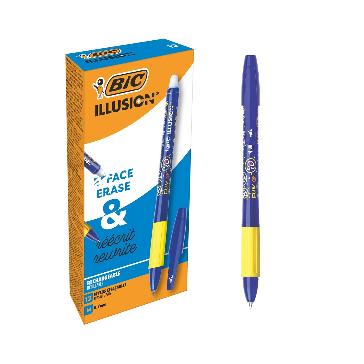 BIC Illusion Penne cancellabili e ricaricabili a punta media, 0,7 mm, inchiostro blu, confezione da 12