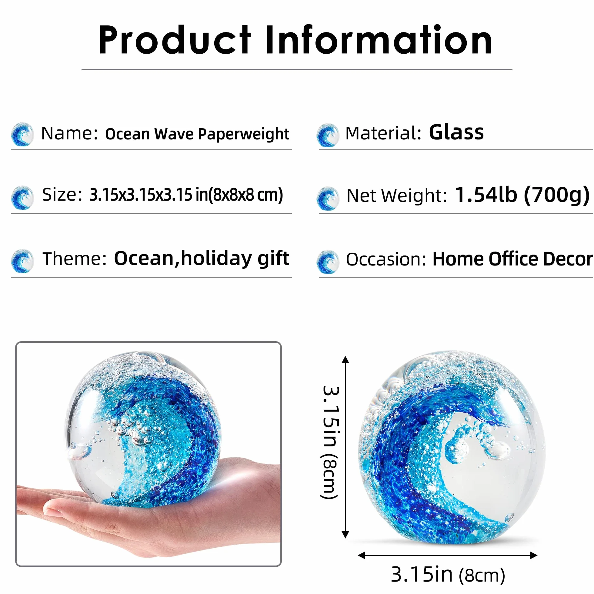 EUSTUMA Statuette in vetro soffiato a mano con onde oceaniche, fermacarte in vetro per scrivania, decorazione per la casa da collezione, per acquario e ufficio