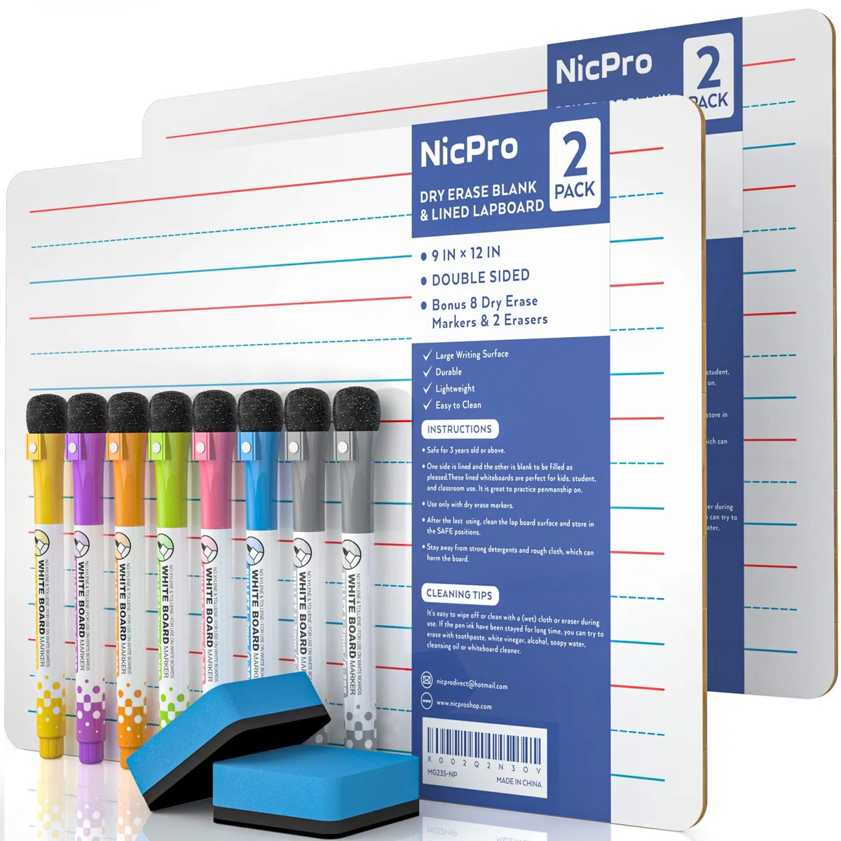Nicpro 2 Pezzi Lavagna Cancellabile 22 x 30 cm, A4 Piccola Lavagna Bianche Con 8 Colori Pennarello, 2 Gomma a Secco Per Disegno, Scuola, Casa, Ufficio - Mini Doppia Faccia Vuota e Foderata