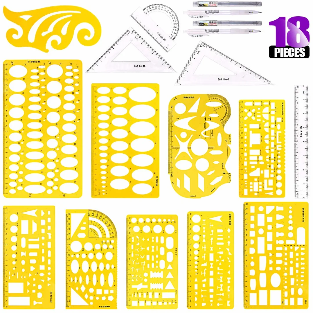 Swpeet Kit di 18 modelli di disegni geometrici gialli in plastica, 10 diversi modelli di misurazione geometrici, stencil con 2 matite e 5 righelli di misurazione per disegno, ingegneria e disegno