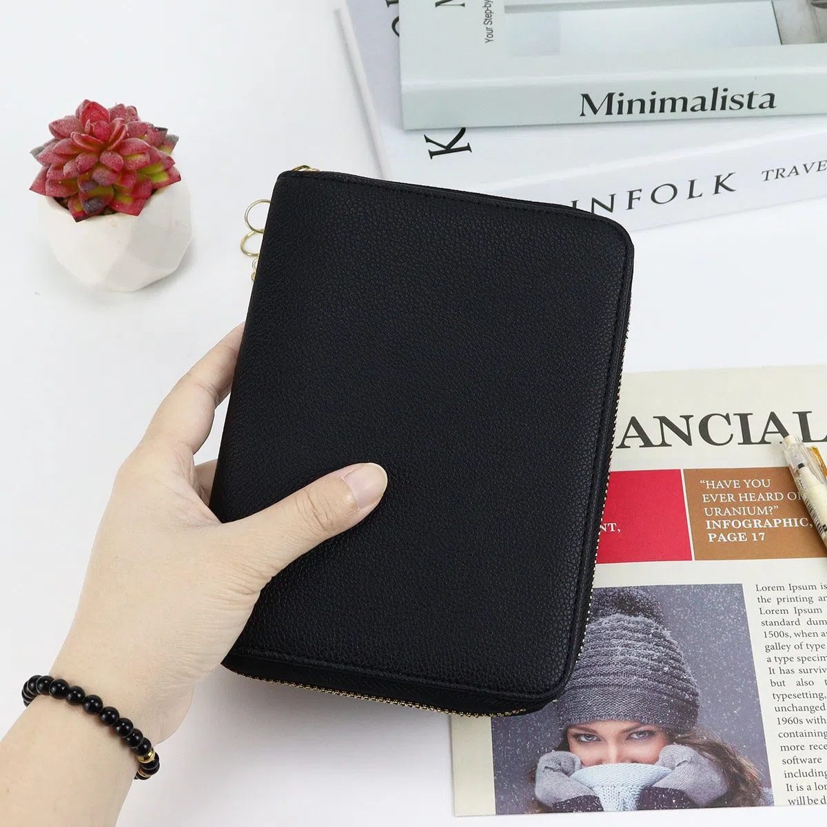 Raccoglitore in pelle formato A7 con chiusura lampo, 6 anelli, ricaricabile, per contanti, budget e risparmio (solo raccoglitore, nero)