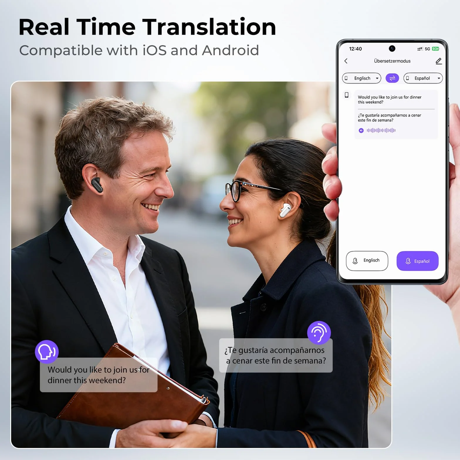 NE20 AI - Traduttore per cuffie, 3 in 1, in tempo reale, 134 lingue con app, 8 modalità di traduzione, Bluetooth 6.0, colore: Bianco