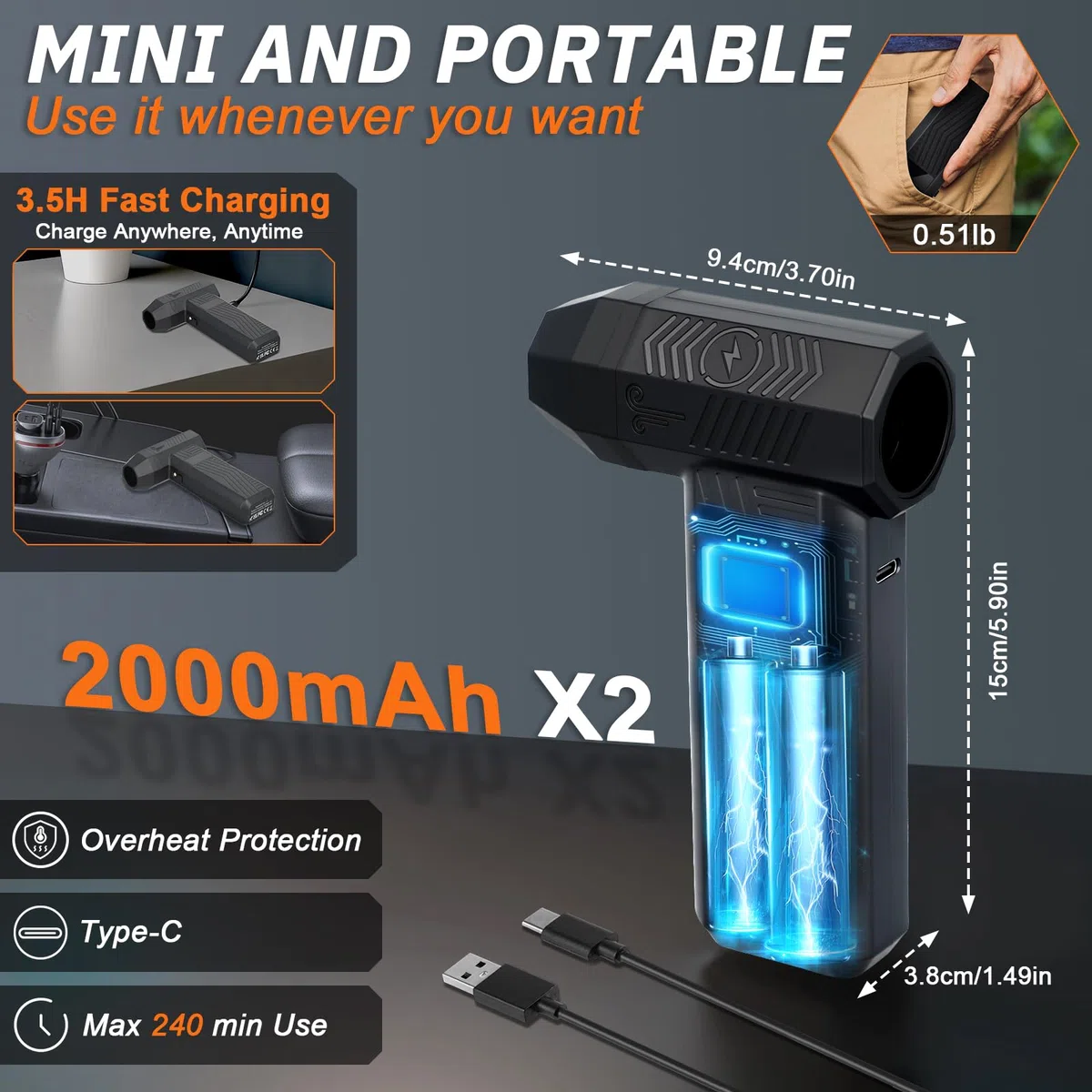 Longzhuo computer soffiatore elettrico, 200.000 giri al minuto, 4 velocità ​​ Eliminatore di polvere turbo ventilatore, adatto per computer, tastiere, automobili e pulizia domestica