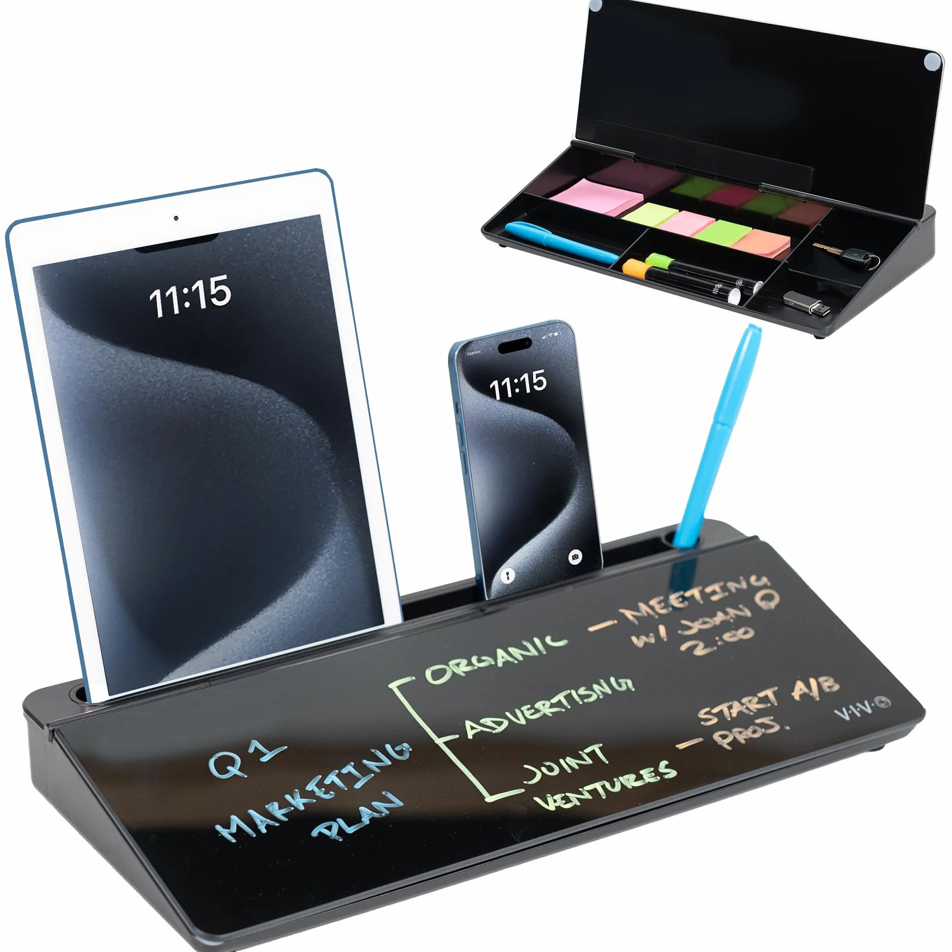 Vivo Lavagna in vetro cancellabile a secco da 40,6 x 17,8 cm con contenitore, organizer per lavagna bianca da scrivania con scomparti nascosti e slot per dispositivo, nero, DESK-WB16B