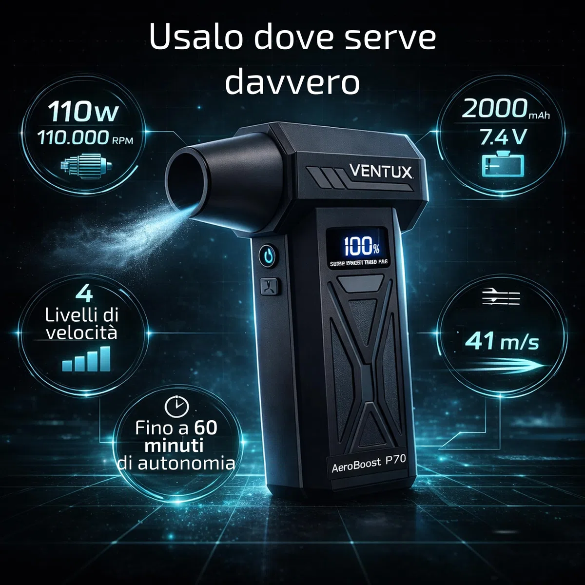 Soffiatore d’Aria Portatile a Batteria AeroBoost P70 – 110W | 4 Velocità, Display LCD, LED, 2000mAh | Mini Air Blower per Polvere, Tastiere, Auto, PC – Ventux Gear
