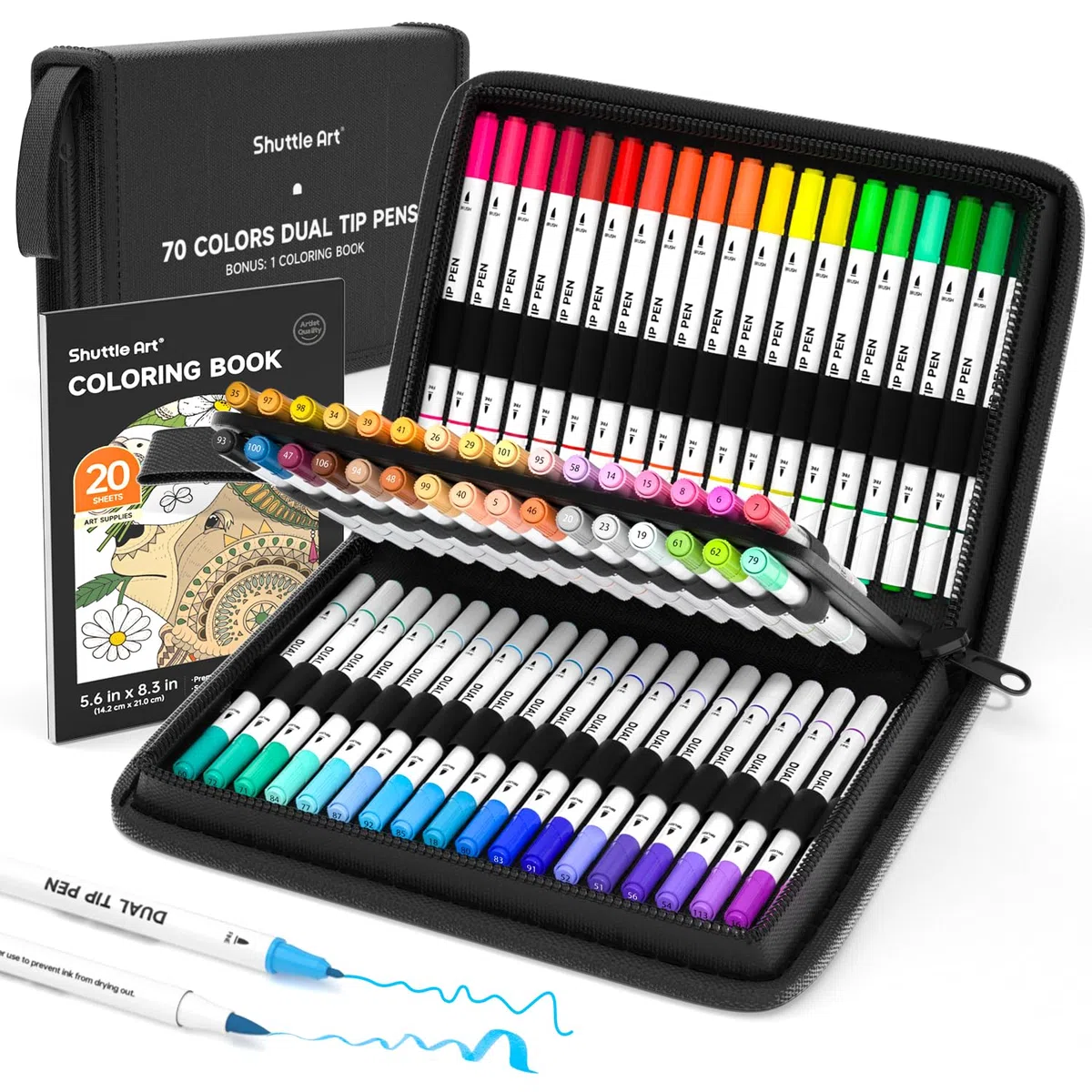 Shuttle Art 70 Brush Pen Lettering, Pennarelli Doppia Punta Fine e Punta Pennello con Custodia Portatile e 1 Libro da Colorare, per Adulti Bambini