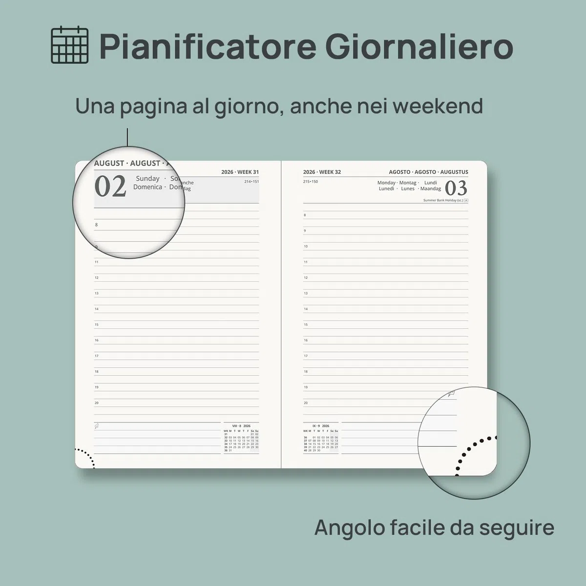 POPRUN Agenda 2026 2027 Giornaliera A5, Daily Planner 21,5 x 14,5 cm 12 Mesi da Ago.2026 a Lug.2027, 1 Giorno 1 Pagina da Lun a Dom con Schede Mensili, Carta Spessa da 80 GSM, Verde Pacifico