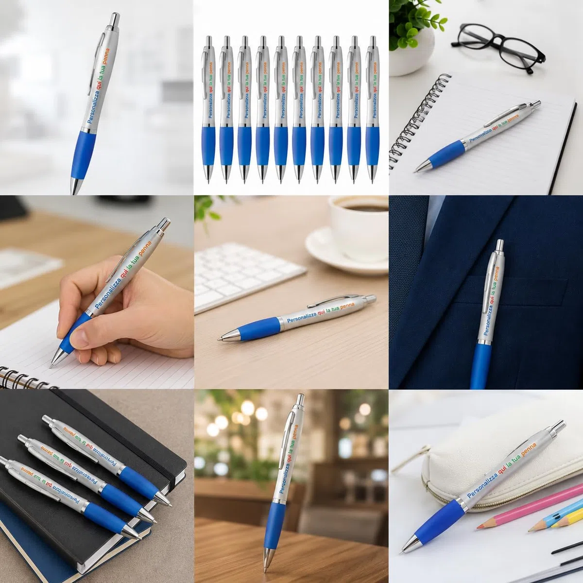 Penna Personalizzata con Nome, Logo o Testo | Stampa a Colori su Penna a Sfera con Impugnatura Soft Touch | Gadget Aziendale Personalizzato per Eventi, Fiere e Regali (25, Blu)