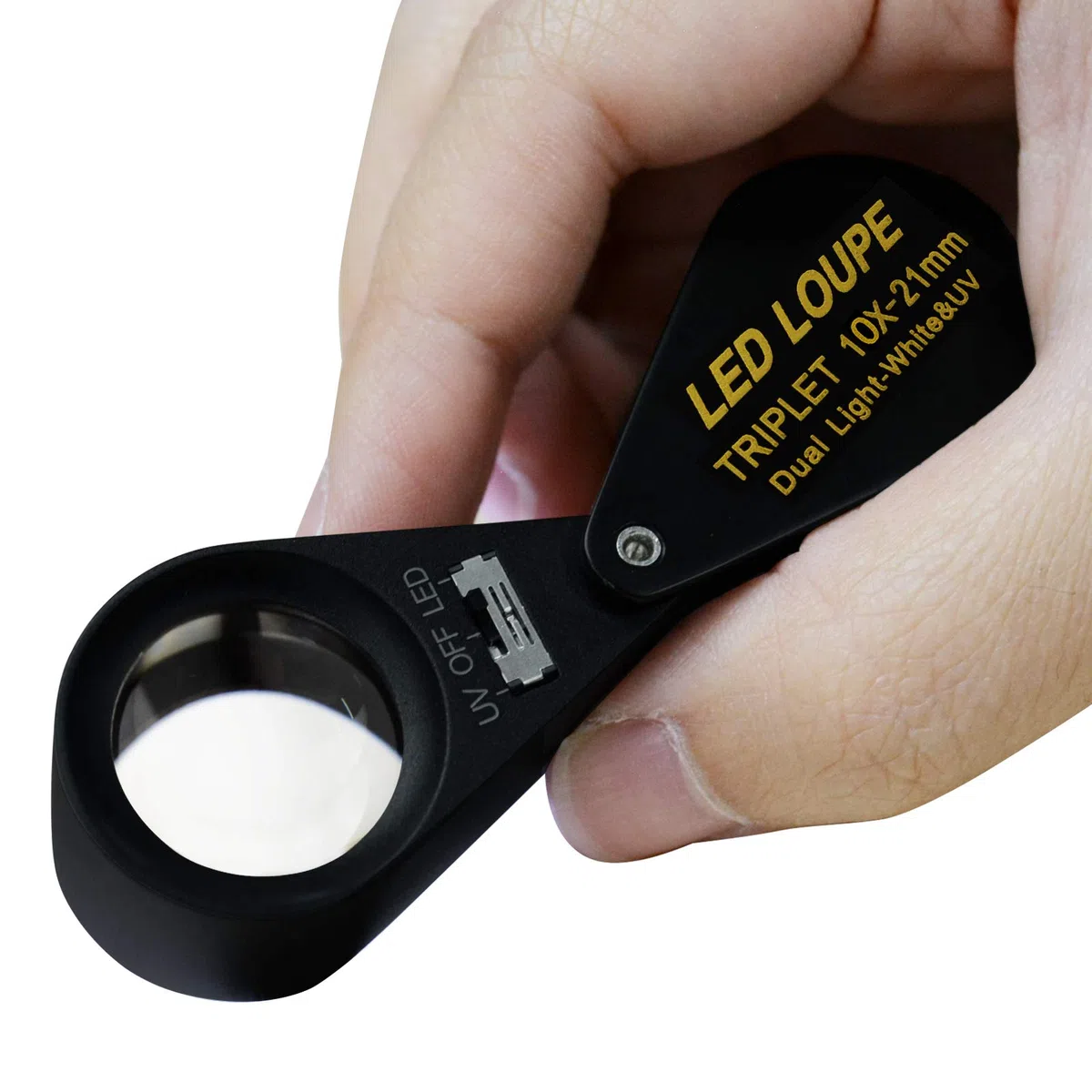 Lente di ingrandimento per gioielli 10x con LED UV, lente tripla da 21 mm, vetro ottico, strumento di ingrandimento tascabile per gioiellieri, filatelici e numismatici