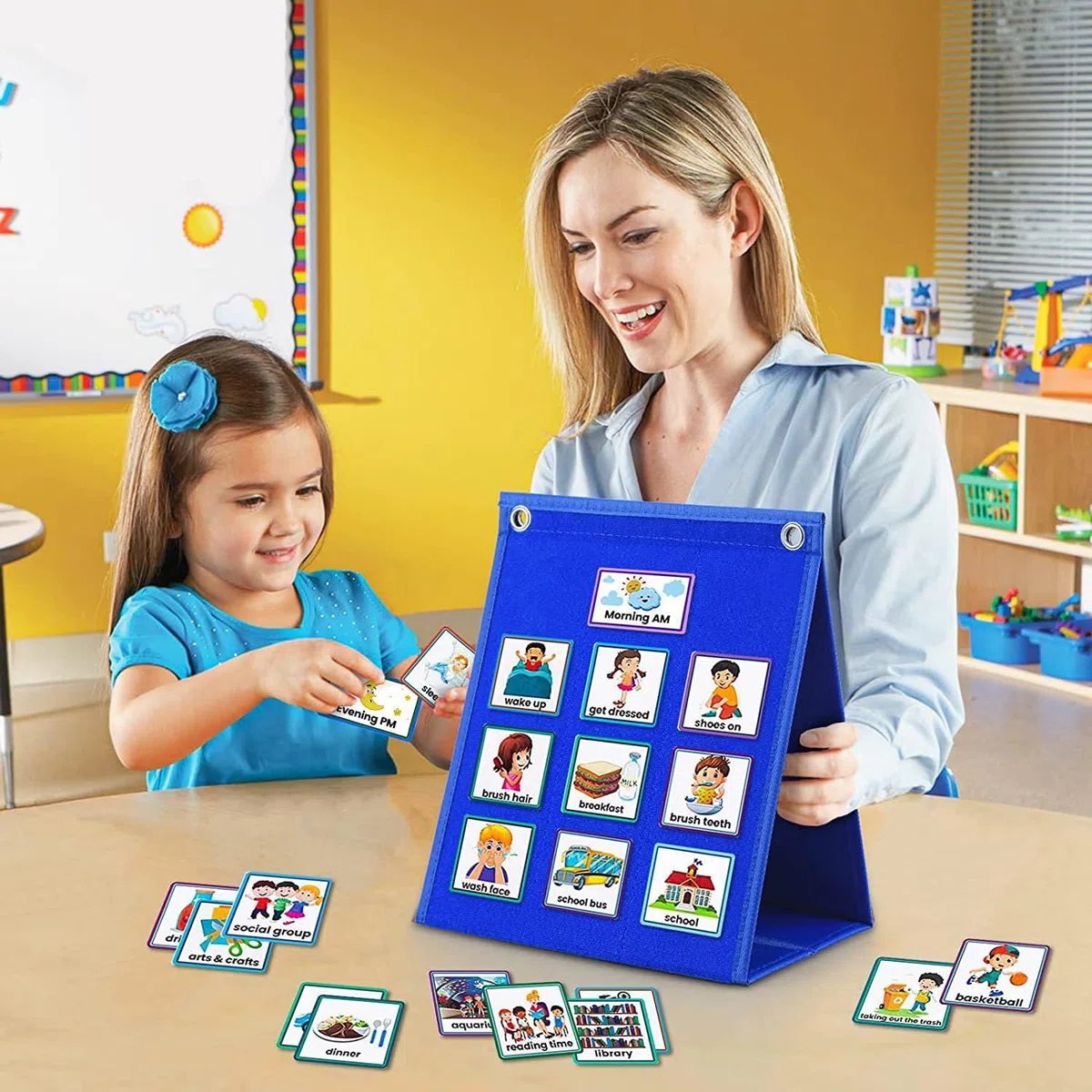 Calendario per bambini, 2 in 1, diagramma di routine quotidiana 'autismo, agenda giornaliera per bambini, routine visione, planner settimanale per bambini con 70 carte, calendario per