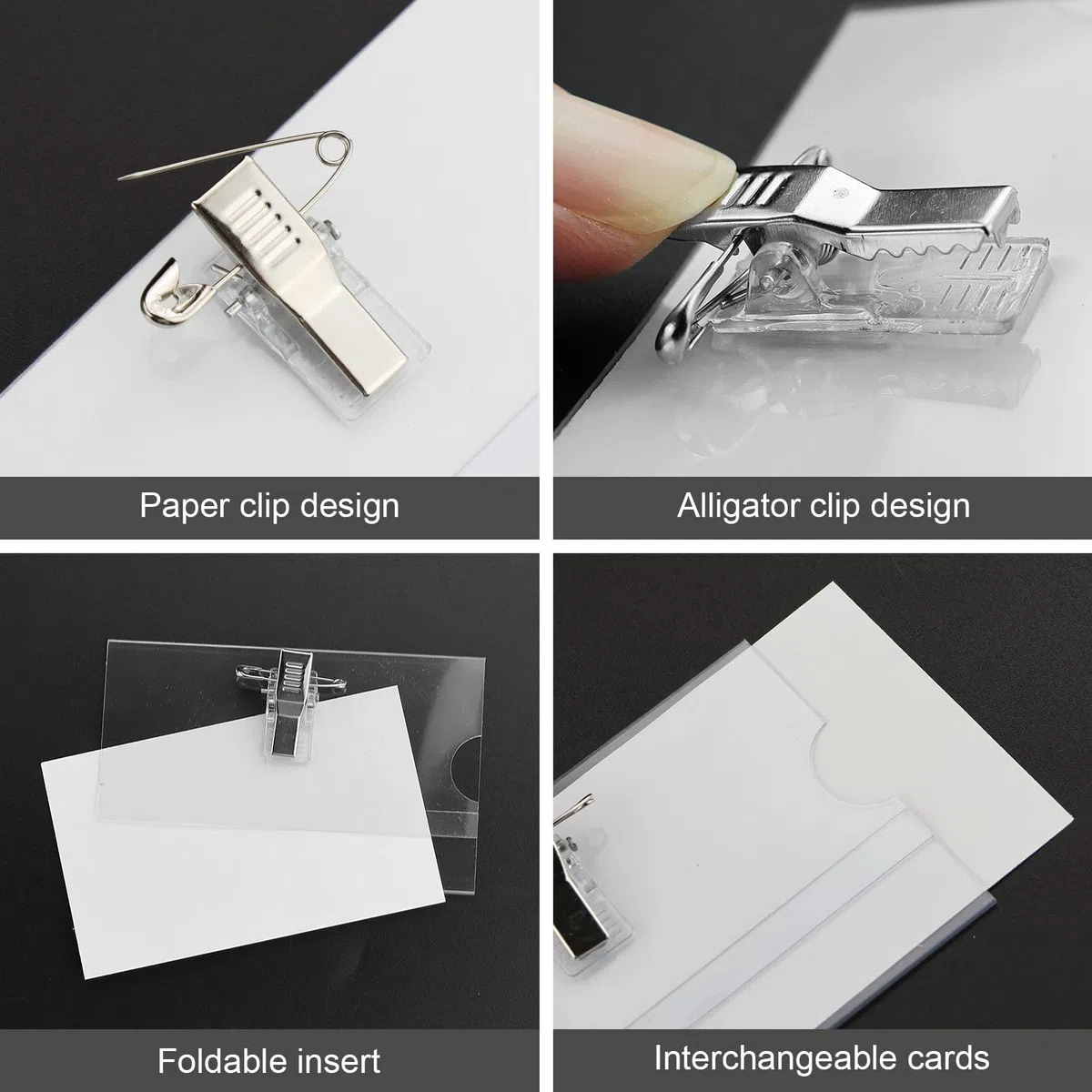 100 targhette per nome, 90 x 56 mm, in plastica trasparente, per vestiti, clip, biglietti da visita, con clip, per ufficio, scuola, viaggi