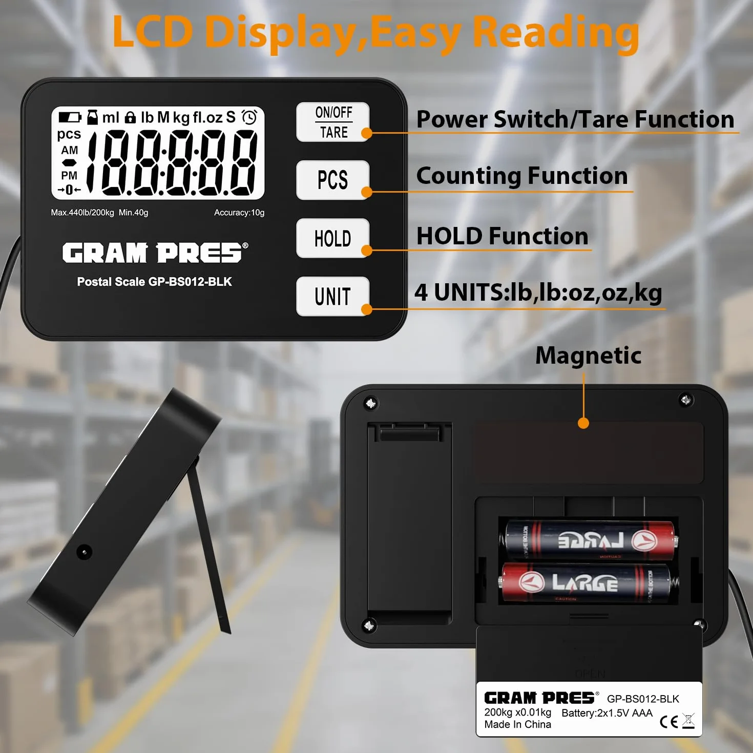 GRAM PRES Bilancia postale digitale da 200 kg/10g con display LCD, funzioni Hold/Tara/Pcs per pacchi/bagagli/ufficio postale/cani, batteria e cavo USB inclusi