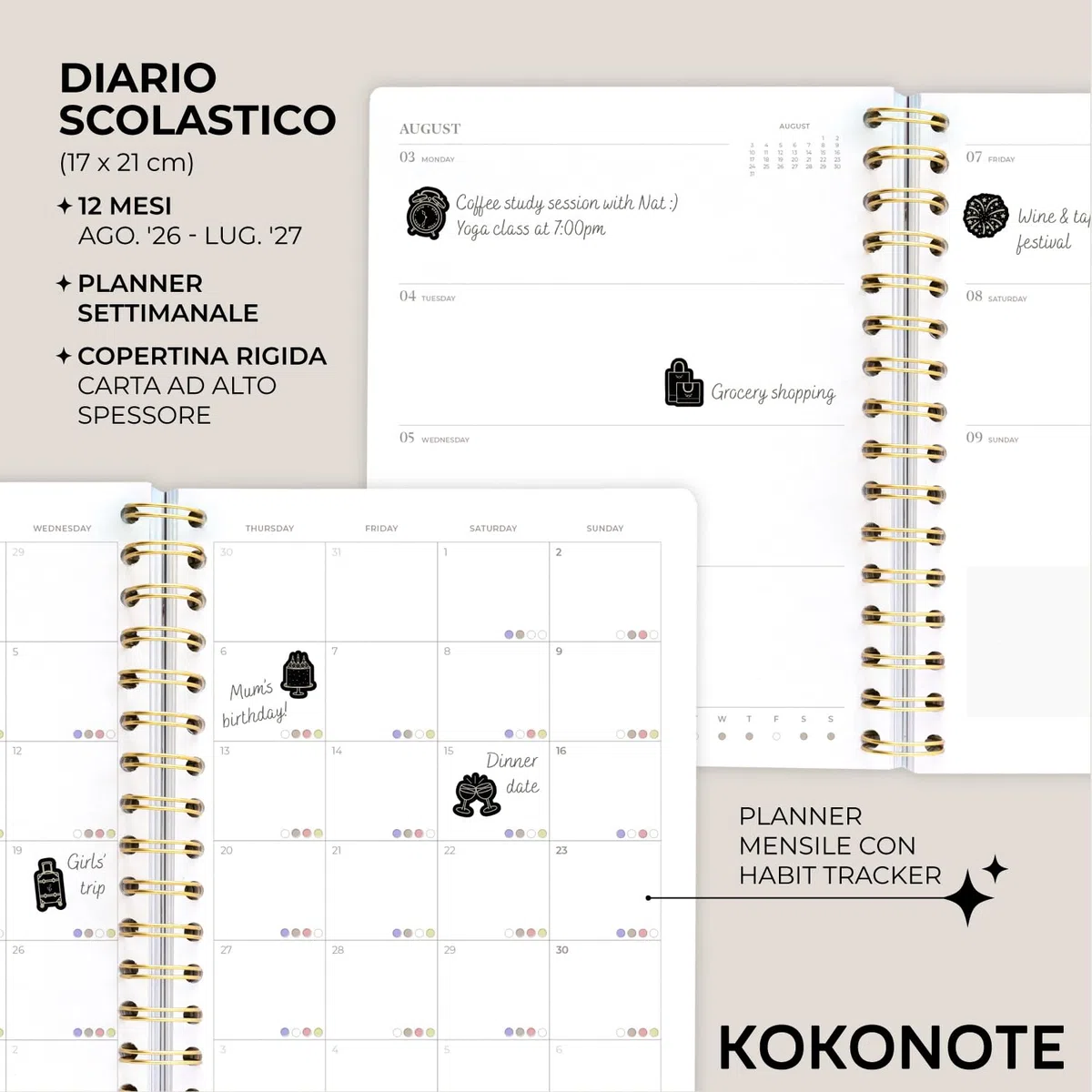 Kokonote Agenda Settimanale 2026 2027 Blossom - Diario Scoula 2026-2027 per Università e Scuola Superiore | Weekly Planner con Copertina Rigida, Segnalibri e Stickers (17x21,5 cm)