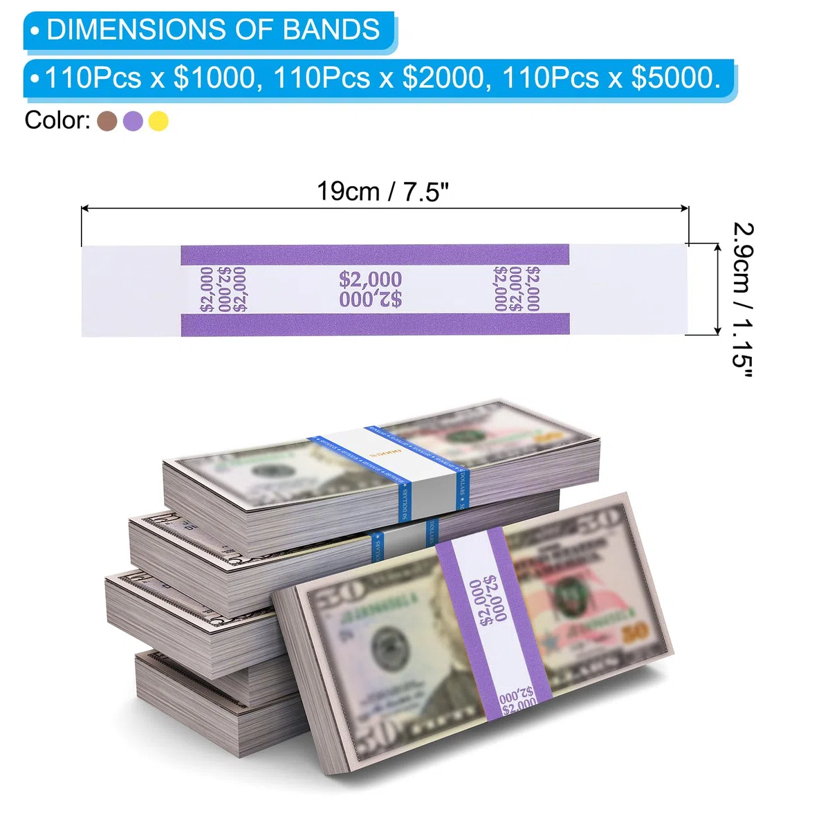 PATIKIL Valuta Cinturino Pacchetti 330 Pacchetti Viola/Marrone/Giallo Dollaro1000/Dollaro2000/Dollaro5000 Auto Sigillo Contanti Cinturini Buste Denaro Conto Involucri per Dollaro
