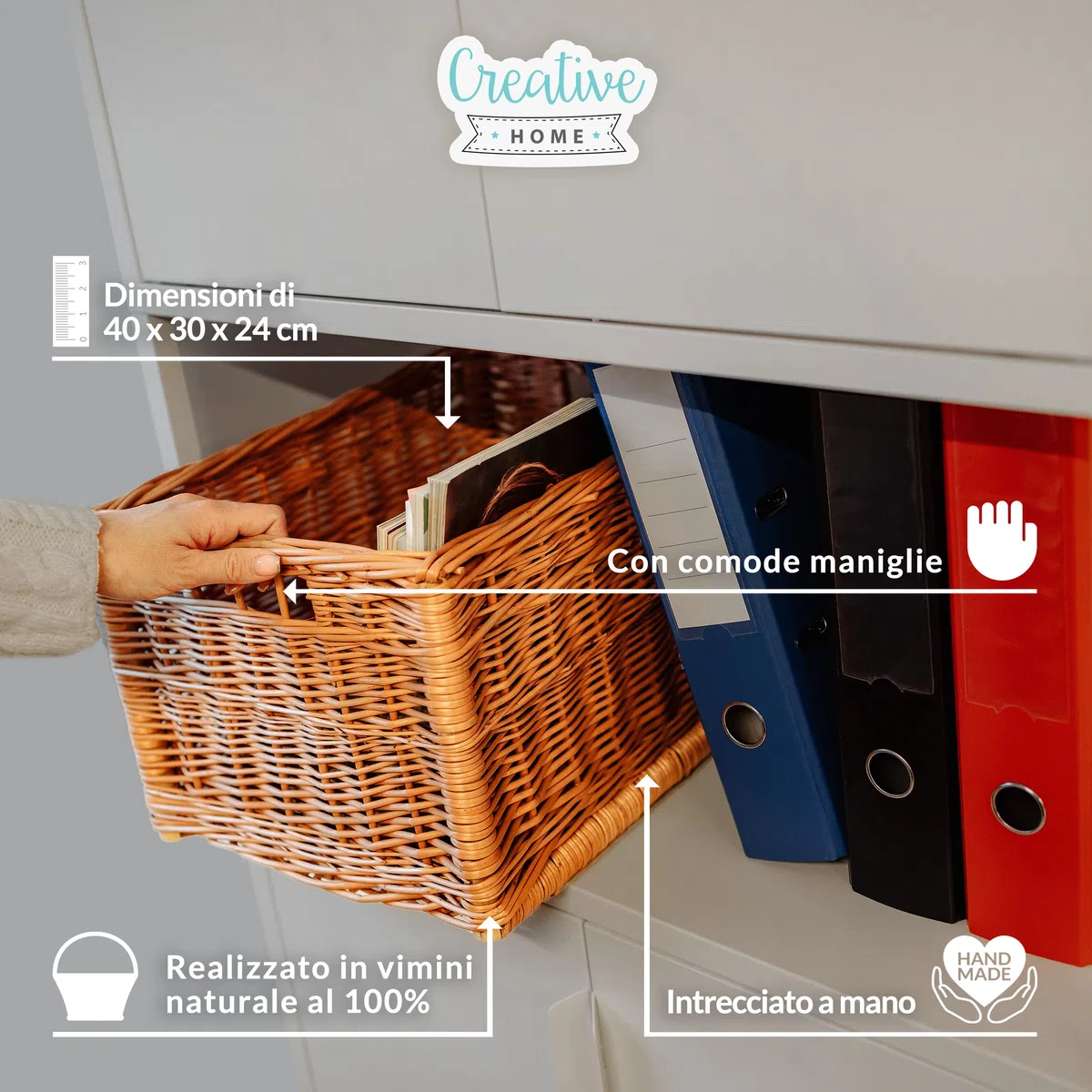 Creative Home Cesto Vimini 40x30x24 +/-2cm | Cestino Portaoggetti in Vimini Naturale con Maniglie | Cestini Salvaspazio, Rettangolare, Intrecciato a Mano | per Documenti Giocattoli, Contenitori Bagno