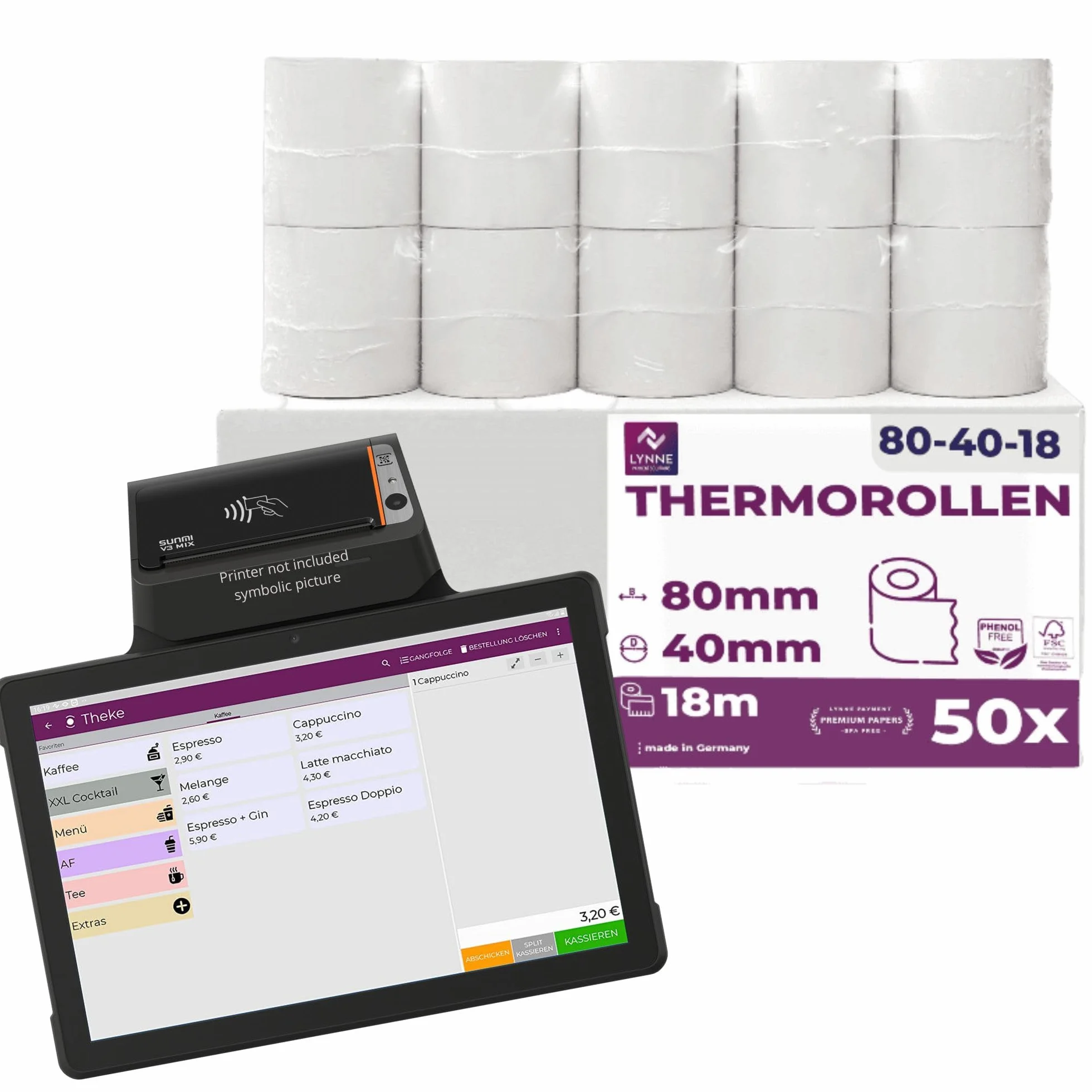 LYNNE - Rotoli Cassa 80x40 Termica Fiscale - Rotolini carta termica 80x40x12 - Rotolo per stampante registratore di cassa fiscale 80mm x 18m x 12mm - [50x]