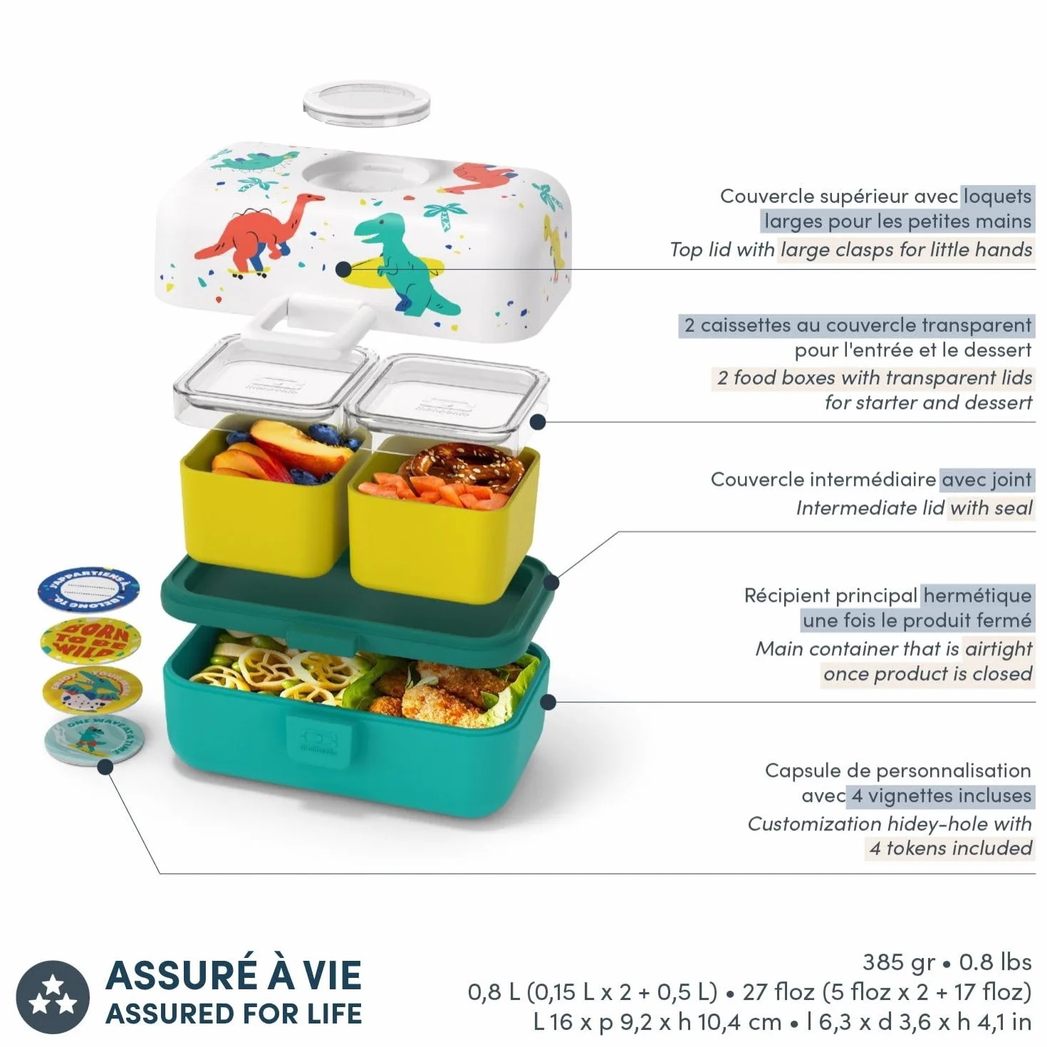 monbento - Lunch Box Bambini Tresor blu Dino - Portapranzo e Portamerenda 3 Scomparti - Ideale per Scuola/Picnic - Porta Pranzo senza BPA - Personalizzabile - Motivo Dinosauri