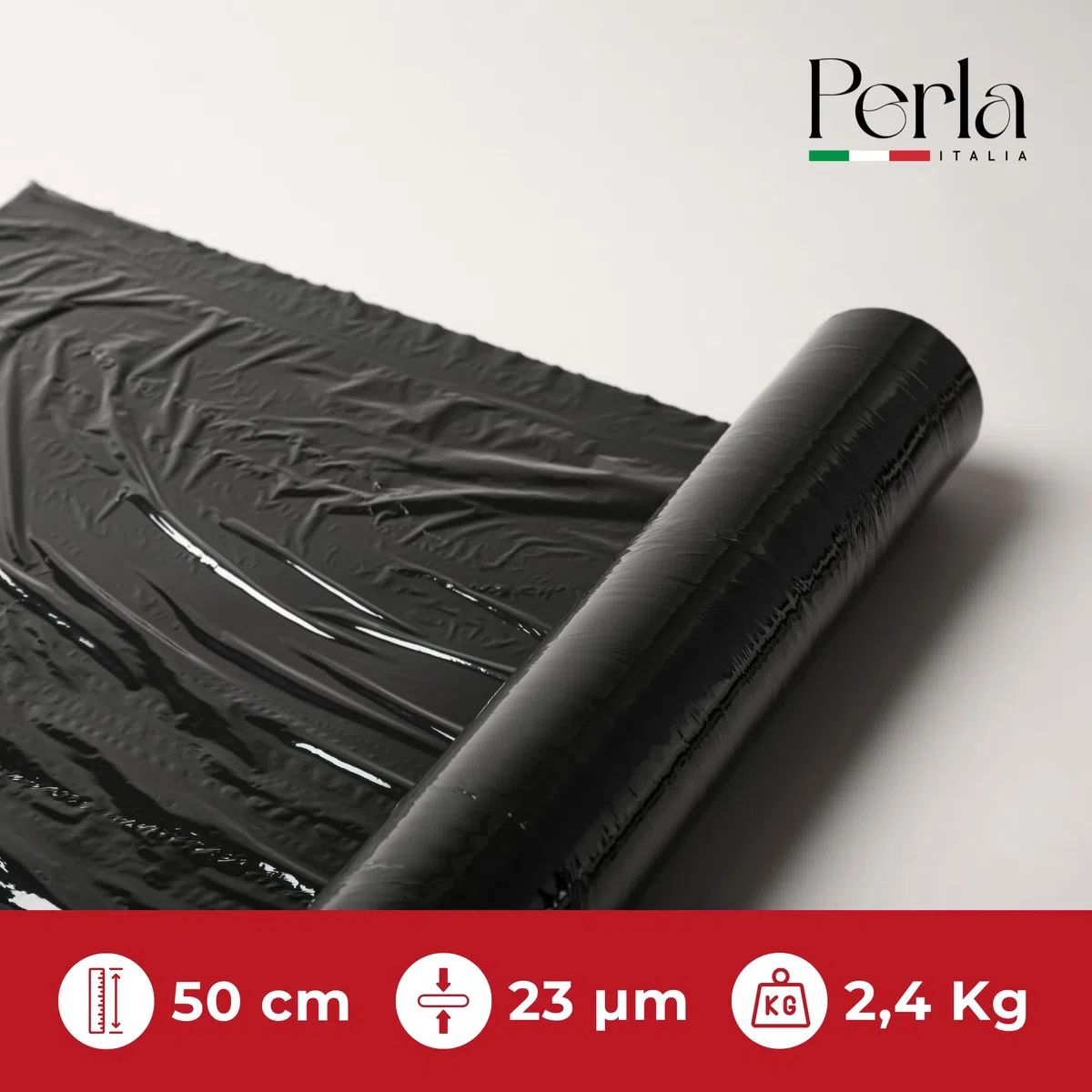 Perla, 6 Rotoli Film Estensibile Imballaggio, Pellicola Nera per Imballaggio, Bobina peso 2,4 Kg, Altezza 50 Cm Spessore 23mycron, Rotolo Pellicola Multiuso Extra Resistente per Spedizioni e Trasloco