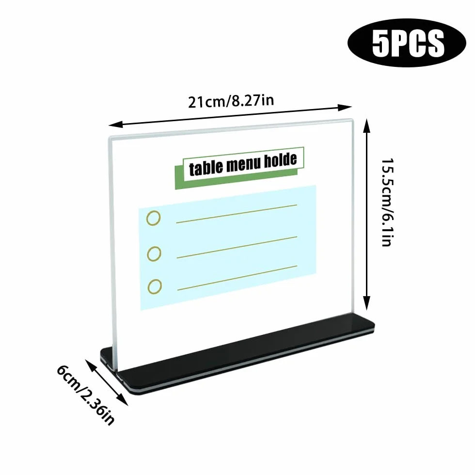 5 Pezzi A5 Espositore da Tavolo a Forma di T Doppio Espositore da Tavolo Orizzontale A5 Orizzontale Acrilico Porta-avvisi da Tavolo con Base per Menù, Carta, Schede Informative, Ufficio e Altro