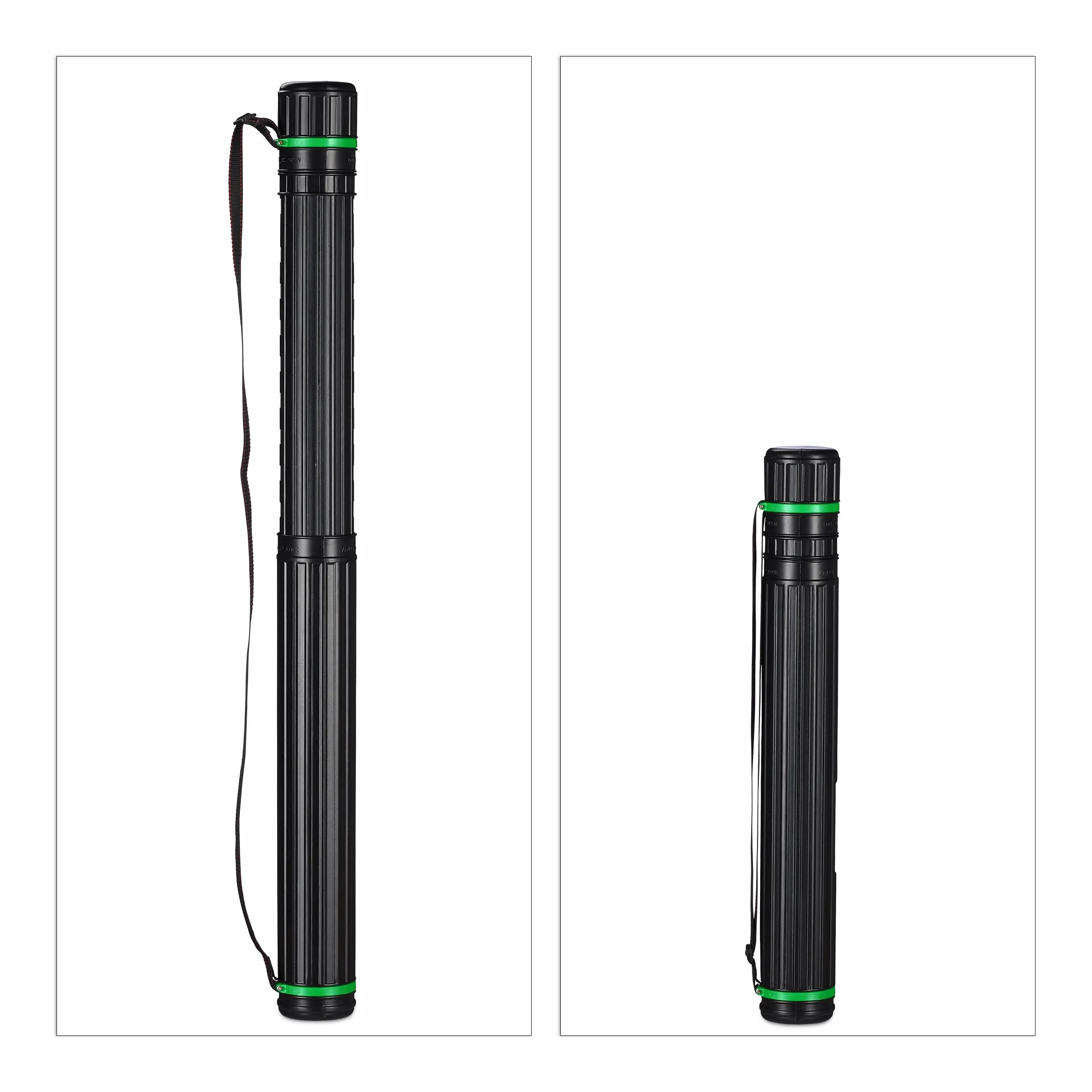 Relaxdays Tubo Portadisegni, Set da 2, Formato Max. A0, Cintura Regolabile Tappo a Vite, 64-107 cm, Plastica, Nero Verde