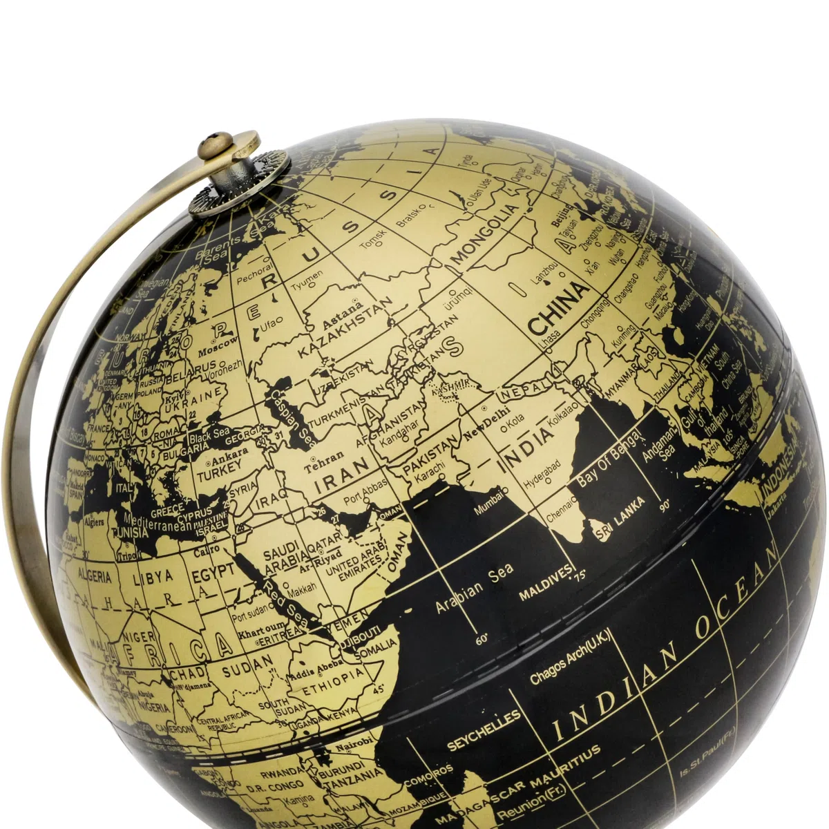 Exerz Mappamondo Nero e Oro 14cm, Mappa in Inglese,Mini Globo Geografico Educativo con Arco e Base in Bronzo, Elegante Decorazione e Strumento Didattico