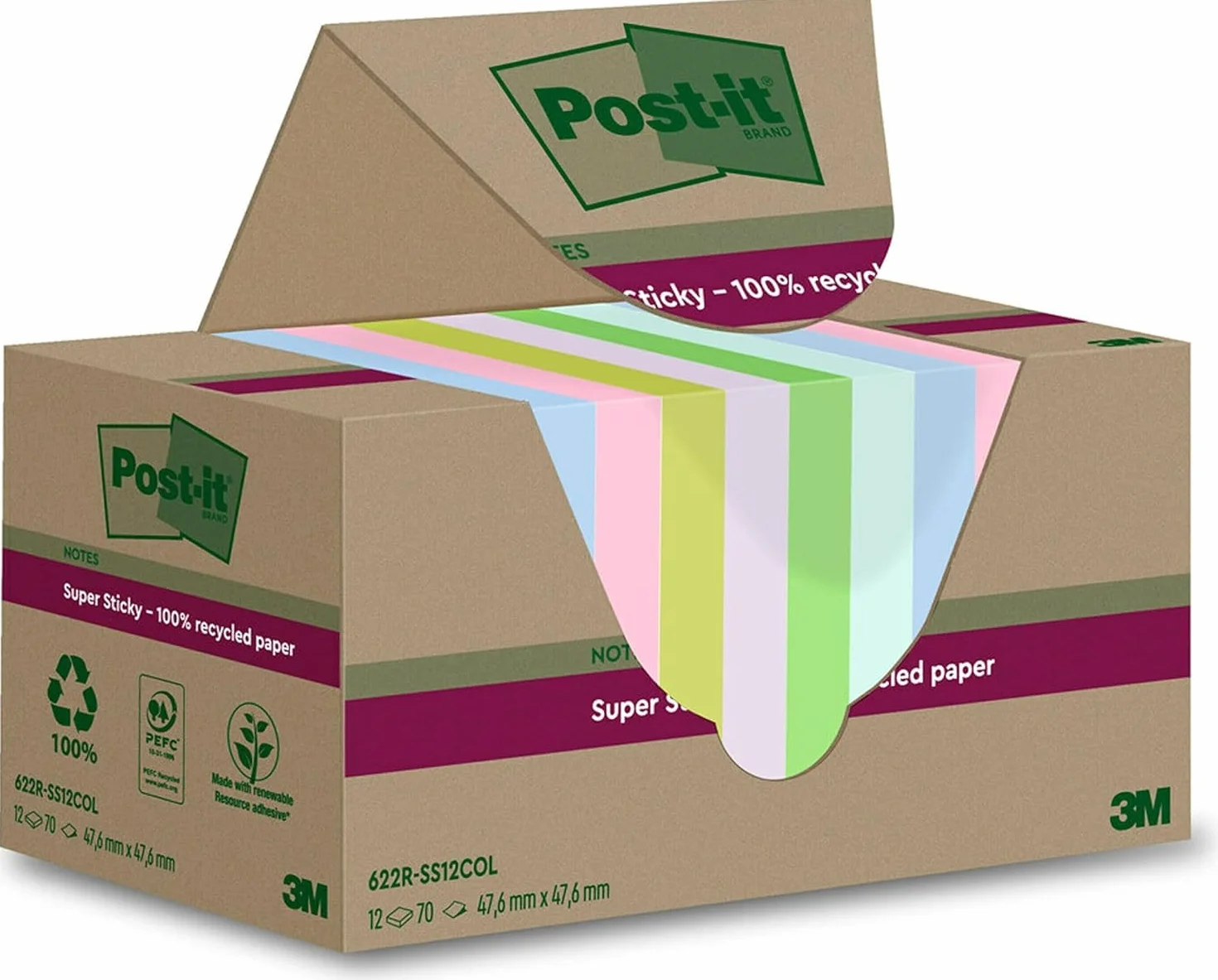 Post-it Foglietti Super Sticky Riciclati, Confezione da 12 Blocchetti, 70 Fogli per Blocchetto, 47.6 mm x 47.6 mm, Rosa, Verde, Blu, Viola, Giallo - Foglietti Super Adesivi in carta riciclata al 100%