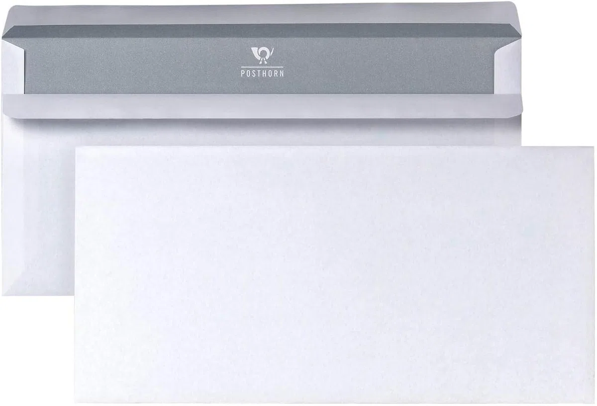 PosthORN - Buste formato DIN lungo, 1000 pezzi, senza finestra, autoadesive, formato DIN lungo, senza finestra, con grammatura 75 g/m², stampa interna grigia, 110 x 220 mm, bianco