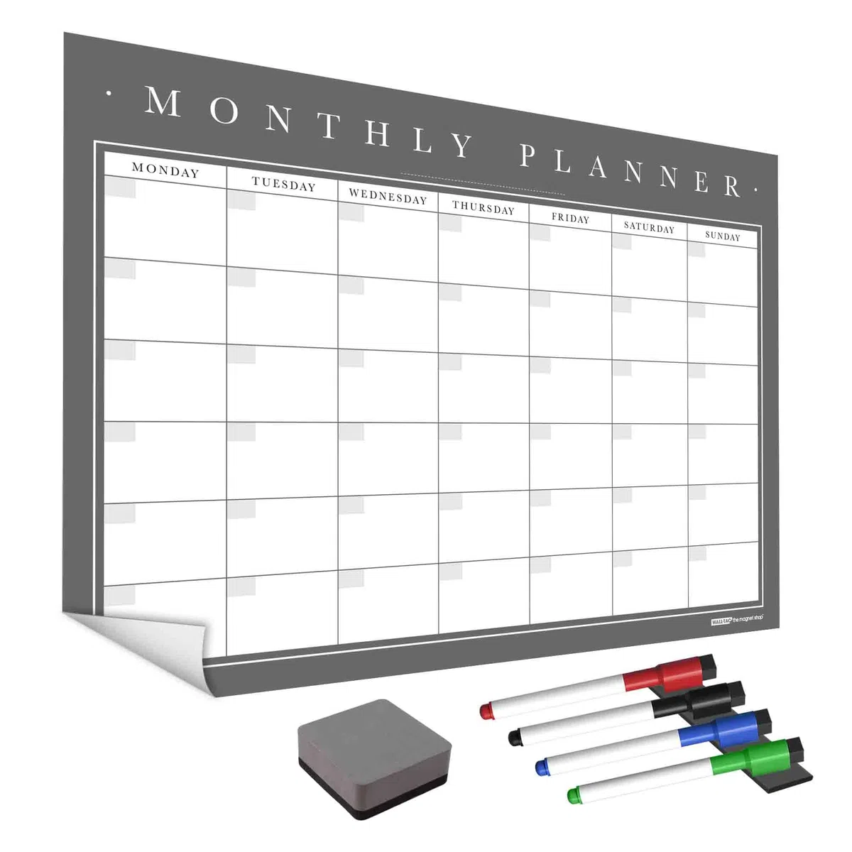 WallTAC Planner mensile da parete A2 | con pennarelli per lavagna bianca | Calendario cancellabile a secco facile da rimuovere e riutilizzare | bacheca per la preparazione dei pasti [60 x 42 cm]