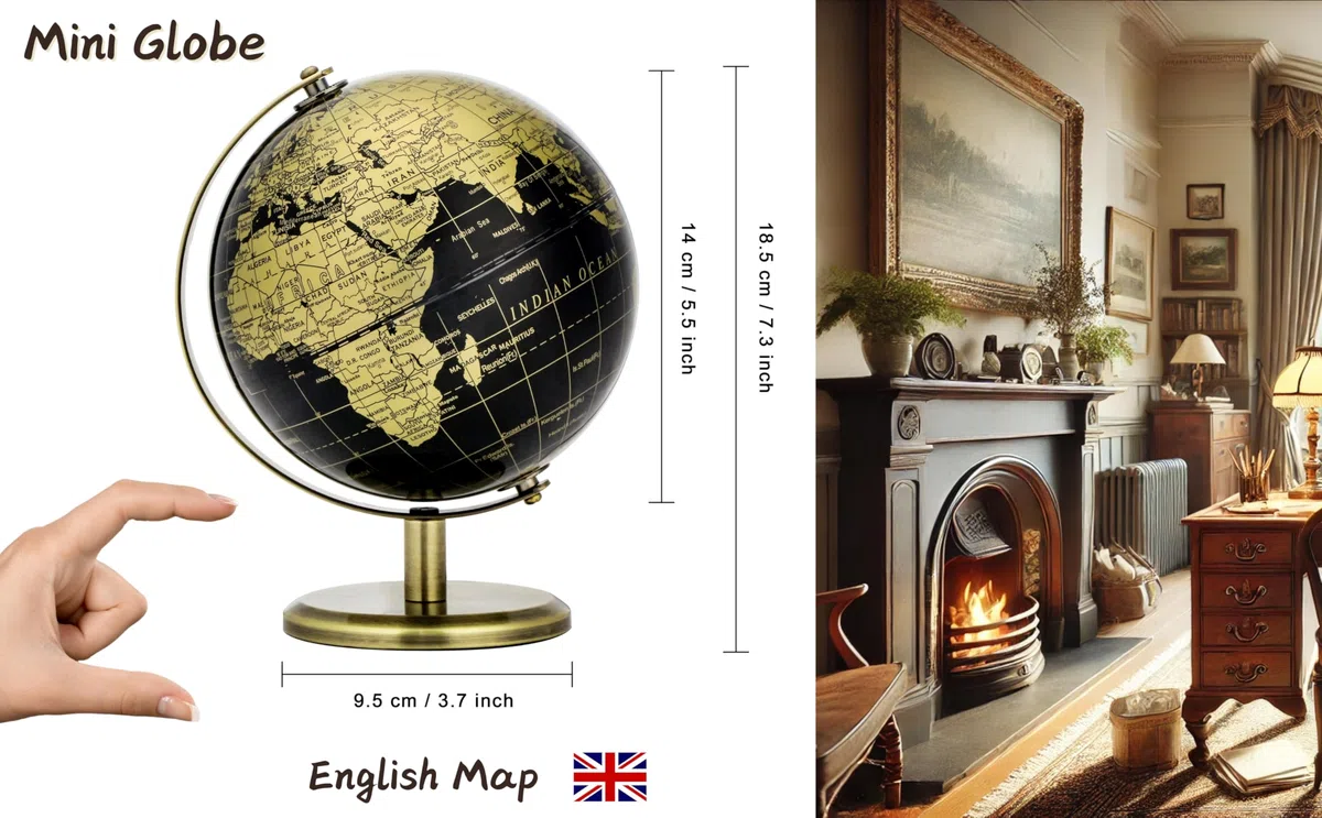 Exerz Mappamondo Nero e Oro 14cm, Mappa in Inglese,Mini Globo Geografico Educativo con Arco e Base in Bronzo, Elegante Decorazione e Strumento Didattico