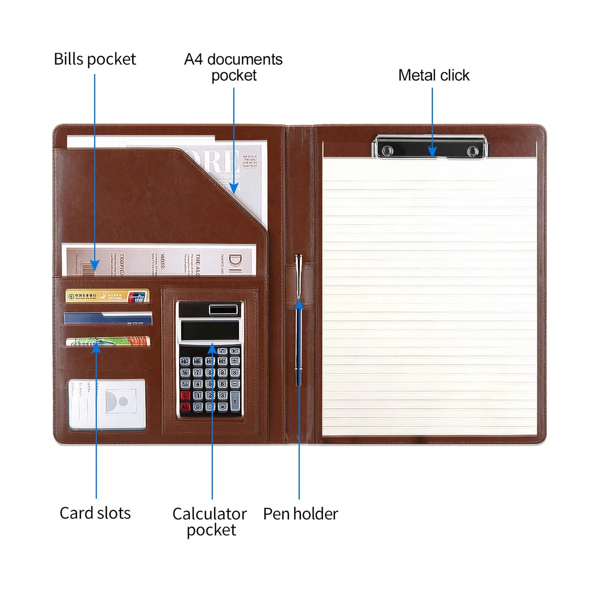 Podazz cartellina portadocumenti pelle cartellina A4 blocco note, cartella file in pelle PU, con coperchio, cartella di registrazione cartella conferenza Legal Lock manager Folio A4, con 4 scomparti