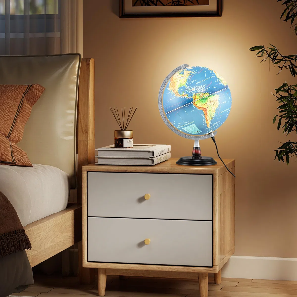 LIFEZEAL 30 cm Globo Terrestre illuminato con illuminazione a LED,Globo da ufficio educativo con rilievo geografico e fusi orari, Gobe geografico con base in legno stabile per studio e decorazione I