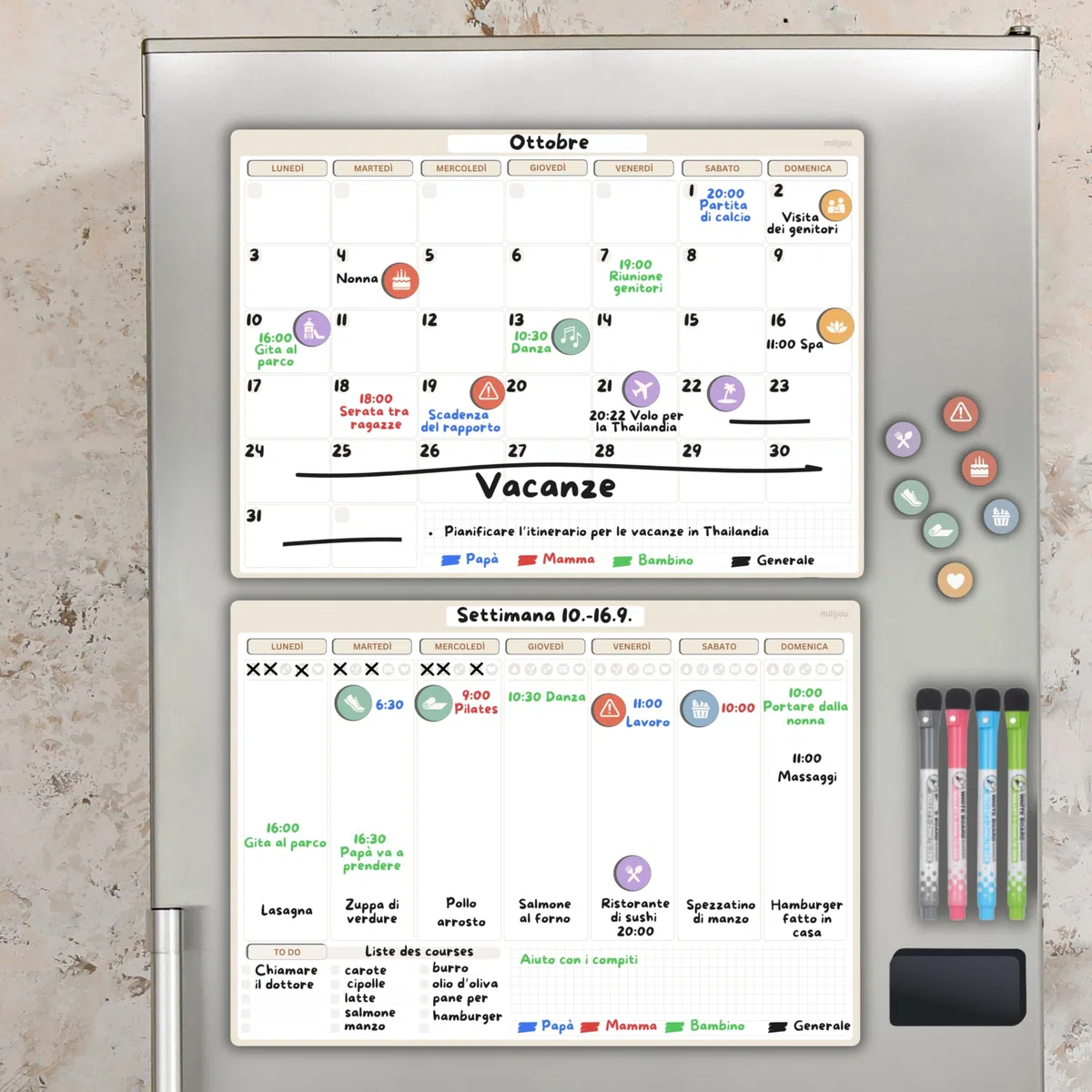 Calendario Magnetico da Frigorifero Formato A3 – Planner Mensile e Settimanale Cancellabile – 42 Adesivi per Eventi, 4 Pennarelli, 1 Gomma – Lavagna Magnetica – Tracker del Benessere