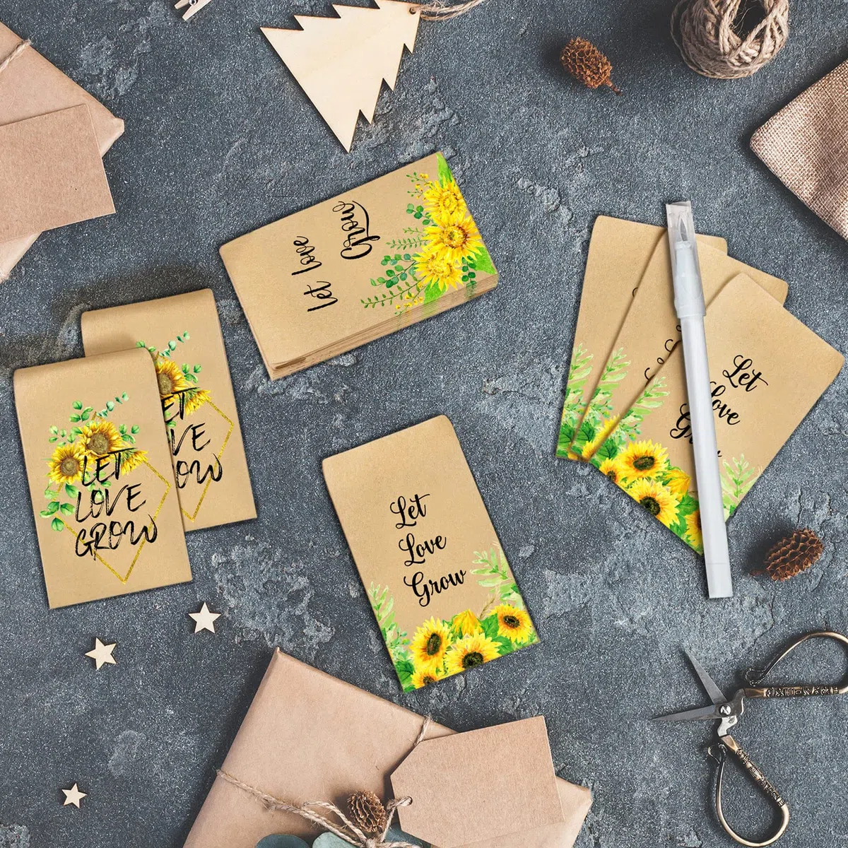 150 pacchetti di semi di verde Let Love Grow, buste autoadesive per matrimoni, Natale, San Valentino, bomboniere per gli ospiti, 3 stili (girasole)