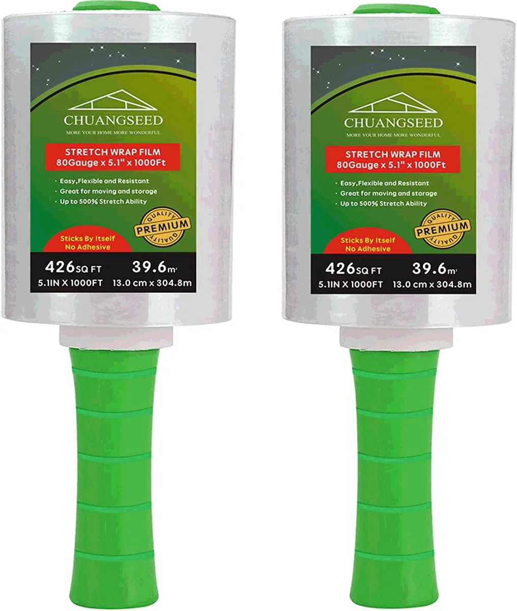 CHUANGSEED Pellicola estensibile trasparente con set di maniglie da 2 rulli, 13cmX305m, pellicola termoretraibile mobile, pellicola di imballaggio autoadesiva, adatta per uso domestico e commerciale
