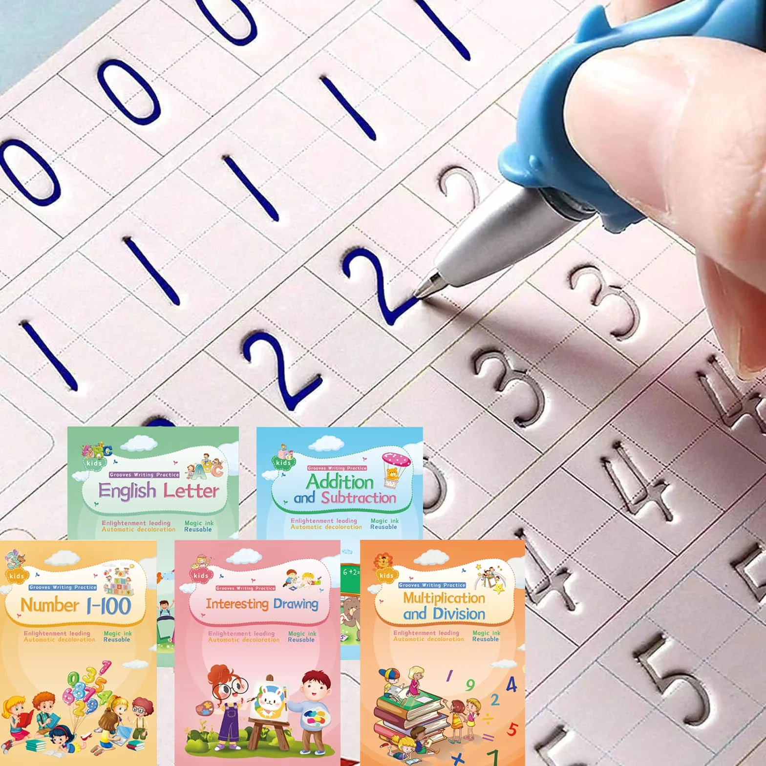 Libro di lavoro per scrivere a mano magica, quaderno di pratica, penna magica riutilizzabile con scanalature per bambini (4 libri, 25 x 19 cm)