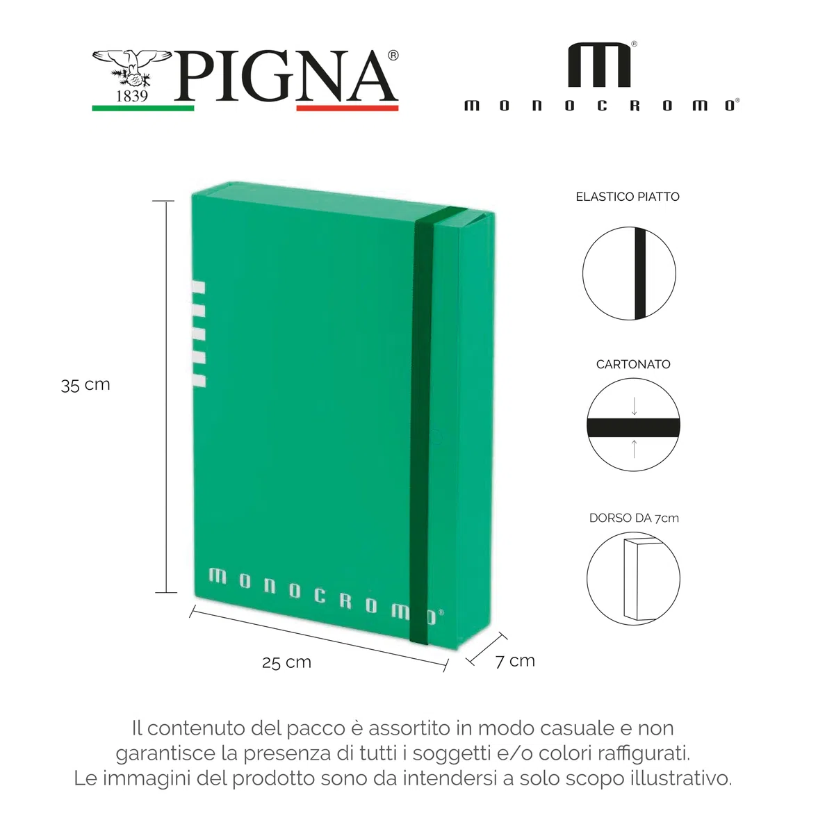 Pigna, Portaprogetti Faldone Monocromo D7 con elastico, Design Elegante, Perfetto per Archiviazione dei Documenti, 25x35x7 cm, 3 pezzi
