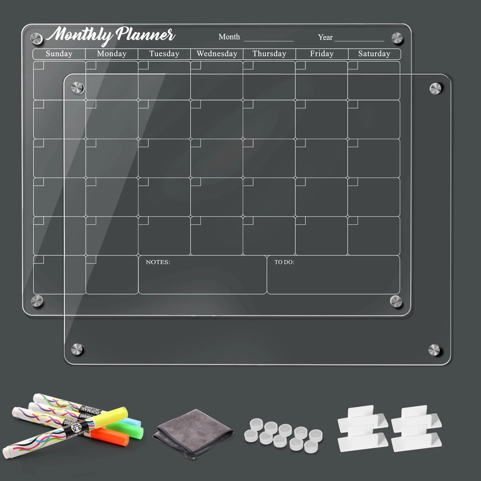 Set di lavagne in acrilico, 2 pezzi, 40 x 30 cm, calendario mensile trasparente e lavagnetta vuota, include 4 pennarelli a gesso, angoli magnetici resistenti, copertine antigraffio