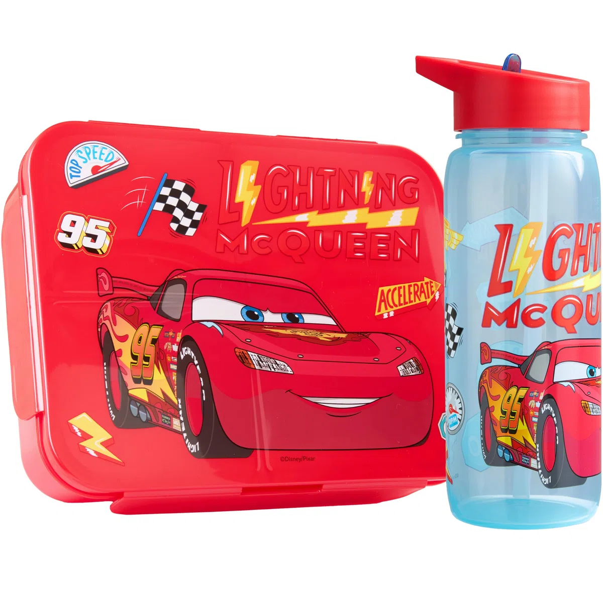 Get Trend Disney Cars Saetta McQueen Porta Pranzo Bambini, Set 2 Pezzi con Senza BPA Bento Box 3 Scomparti e Borraccia Coperchio Apribile con Cannuccia 640 ml, Idea Regalo (Multi Lightning McQueen)