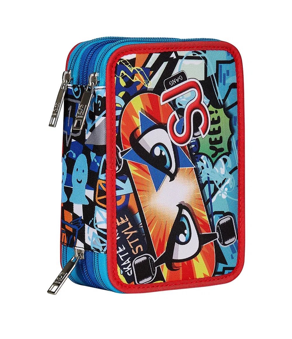 SJ Gang Astuccio Scuola 3 Zip, Blu,Facce Da SJ, Portapenne Triplo Scomparto Completo Di Penne, Matite, Colori, Accessori Zaino, Elementari, Medie, Bambino