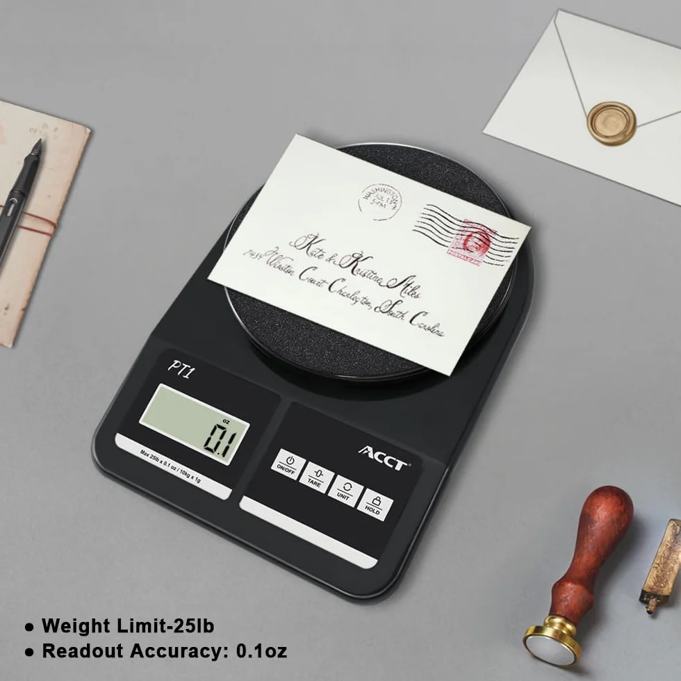 Bilancia postale ACCT, 25lb-0.1oz ad alta precisione, bilancia per spedizioni per ufficio/piccole imprese/posta/bustina, 5 unità, funzione di mantenimento, bilancia per affrancatura con batteria