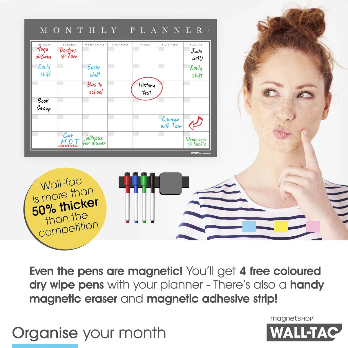 WallTAC Planner mensile da parete A2 | con pennarelli per lavagna bianca | Calendario cancellabile a secco facile da rimuovere e riutilizzare | bacheca per la preparazione dei pasti [60 x 42 cm]