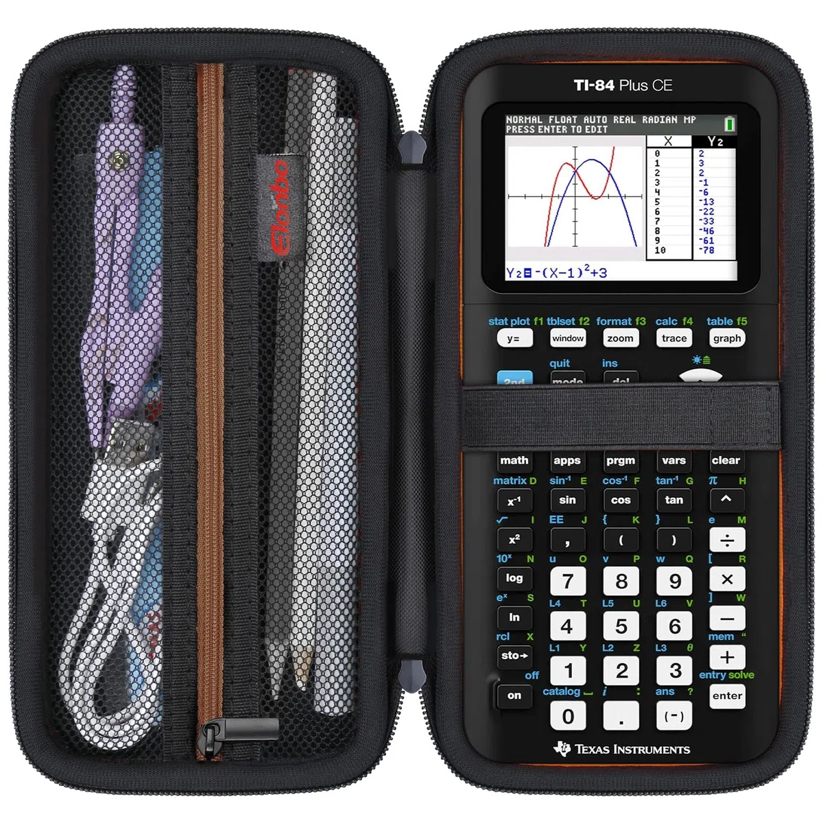 Elonbo Custodia per la calcolatrice grafica a colori Texas Instruments TI-84 Plus CE/TI-84 Plus/TI-83 Plus CE/Casio fx-9750GII, tasca extra in rete per cavo di ricarica, caricatore, manuale, nero