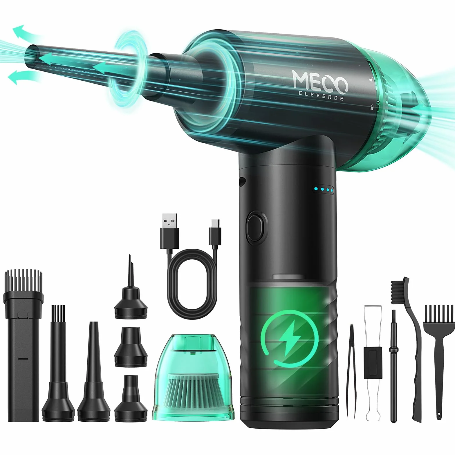 MECO ELEVERDE 2 in 1 Aspirapolvere Per Computer, 100000 Giri/Min Elettrico Rimuovi Polvere Aria Compressa Senza Fili, 3 Velocità Soffiatore Portatile, 10Kpa Aria Compressa Spray PC, Auto, Verde